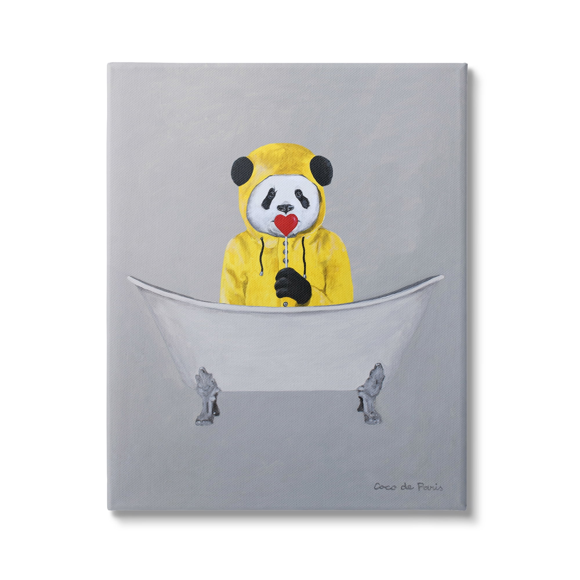 Stupell Industries Panda Yellow Raincoat Red Heart Claw Foot Tub, 30 x 40, Design by Coco de Paris