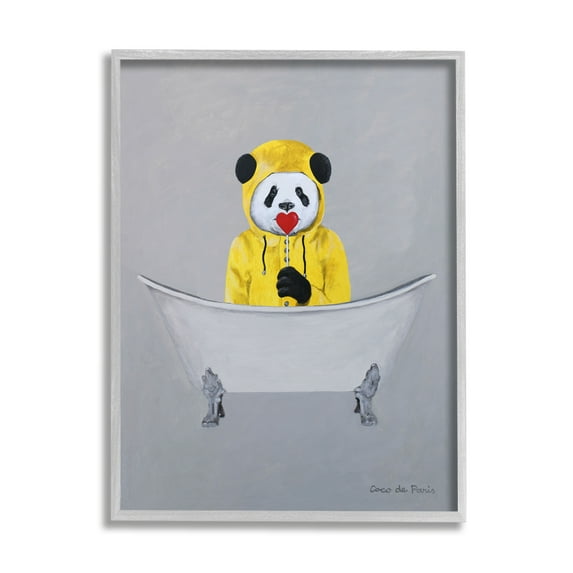 Stupell Industries Panda Yellow Raincoat Red Heart Claw Foot Tub Paintings Gray Framed Art Print Wall Art, 11x14, by Coco de Paris