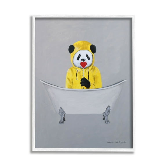 Stupell Industries Panda Yellow Raincoat Red Heart Claw Foot Tub Paintings White Framed Art Print Wall Art, 16x20, by Coco de Paris