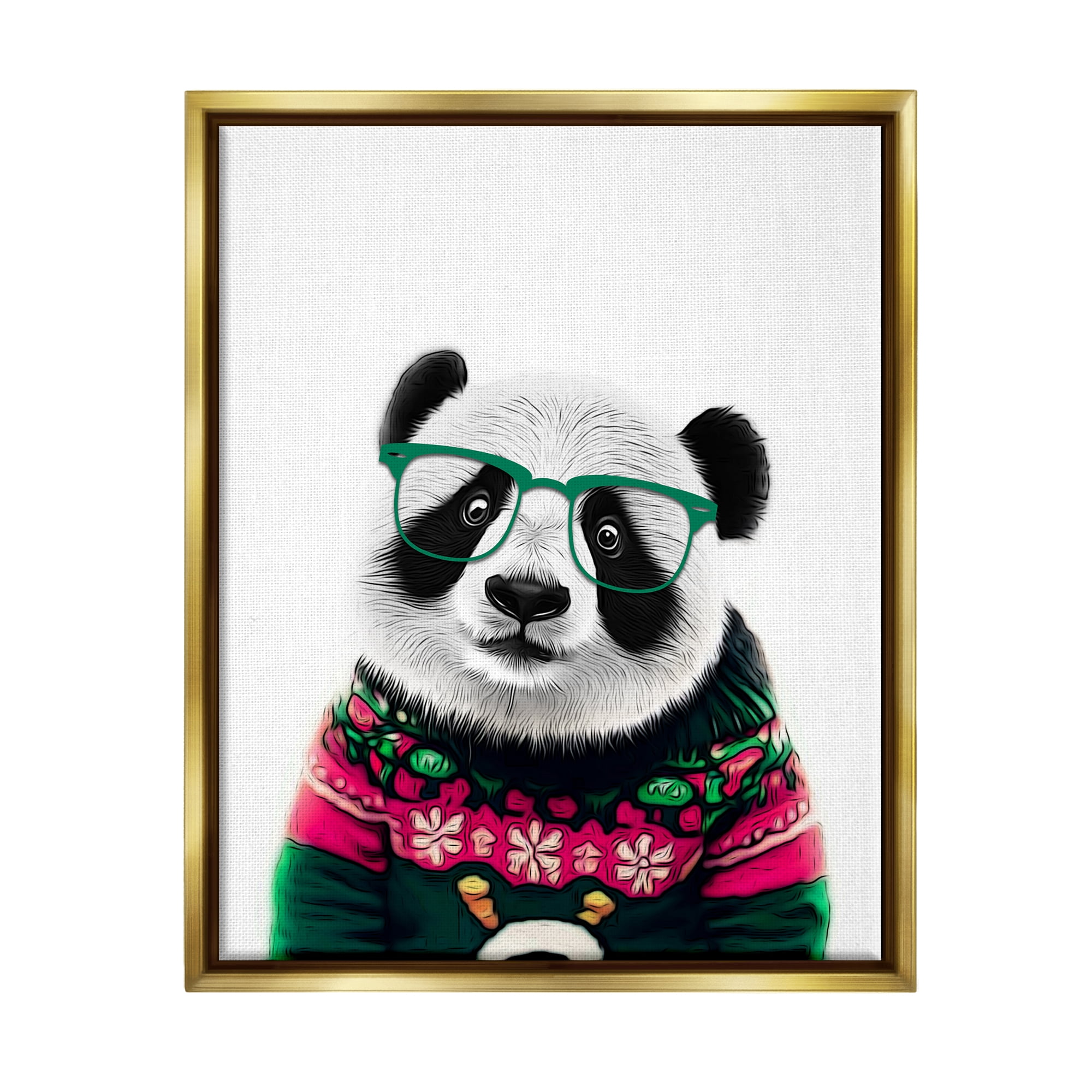 Stupell Industries Panda in Holiday Sweater Holiday Painting Gold Floater Framed Canvas Art Print Wall Art, 25 x 31