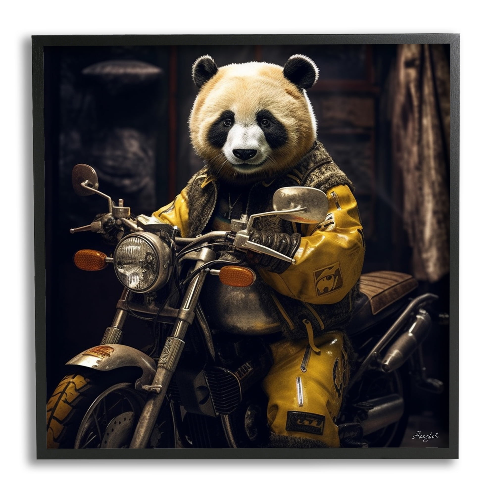 Stupell Industries Panda on Motorcycle Animals & Insects Painting Black Framed Art Print Wall Art, 17 x 17