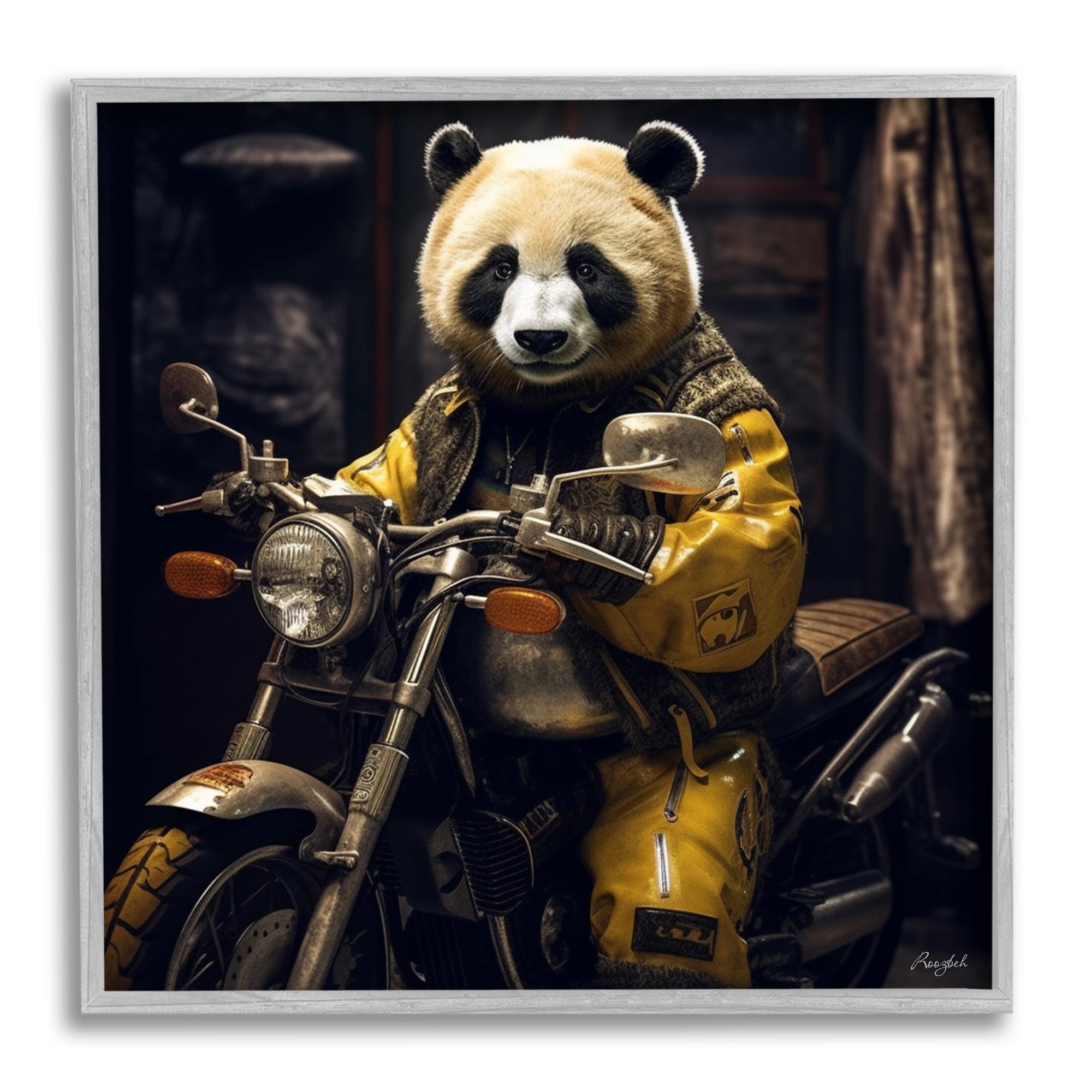 Stupell Industries Panda on Motorcycle Animals & Insects Painting Gray Framed Art Print Wall Art, 12 x 12
