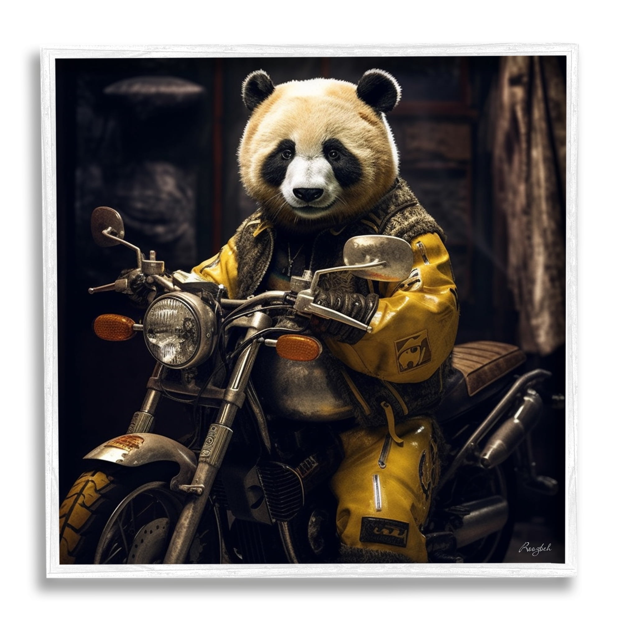 Stupell Industries Panda on Motorcycle Animals & Insects Painting White Framed Art Print Wall Art, 24 x 24