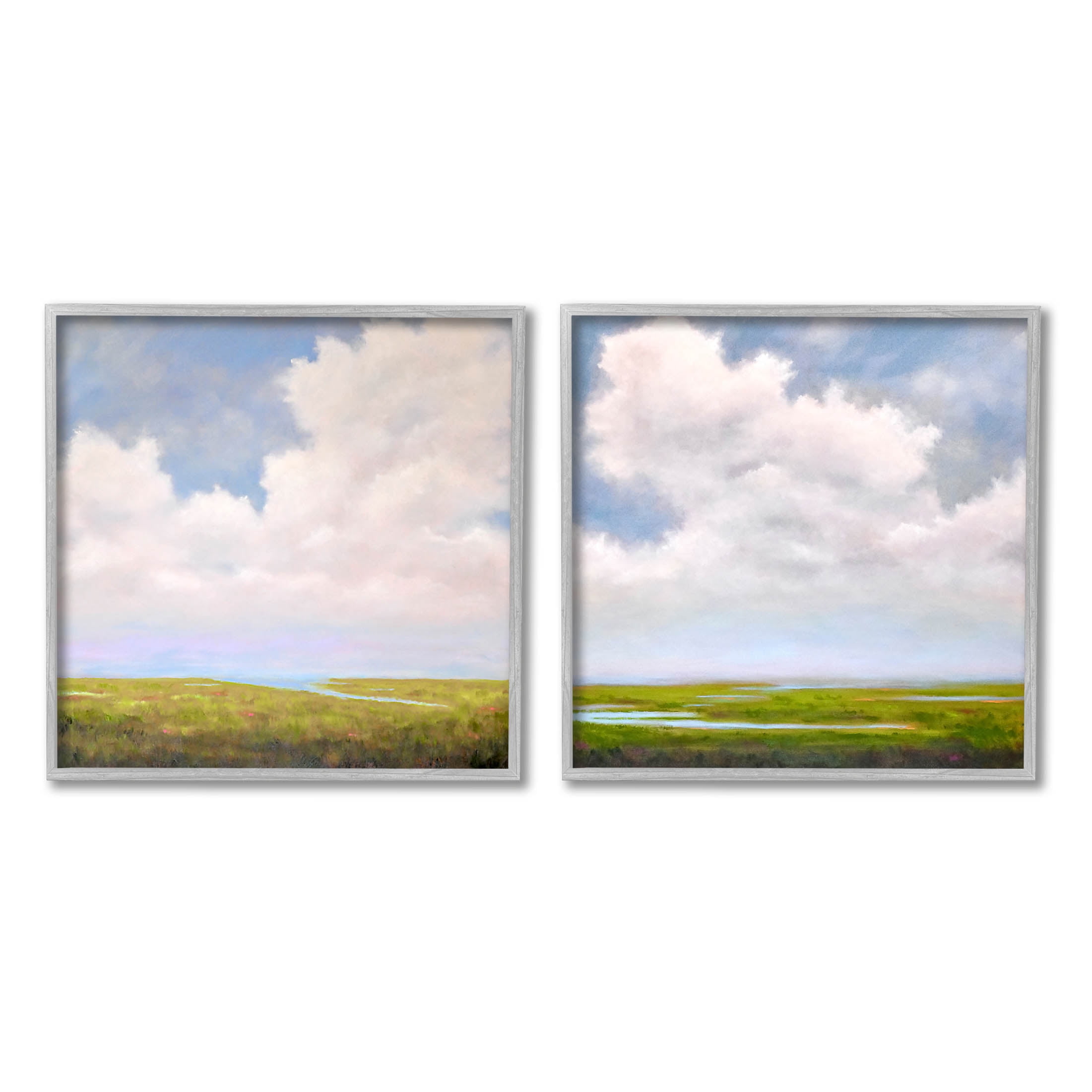 Stupell Industries Panoramic Clouds Over Bay Painting Gray Framed Art Print Wall Art, Set of 2, Design by Catherine Andersen