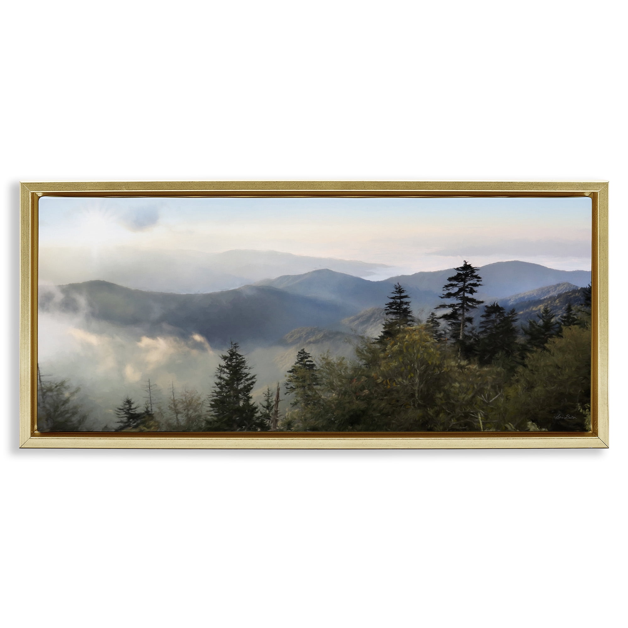 Stupell Industries Panoramic Cloudy Mountainous Nature Landscape Photography Gold Floater Framed Canvas Art Print Wall Art, 25 x 11