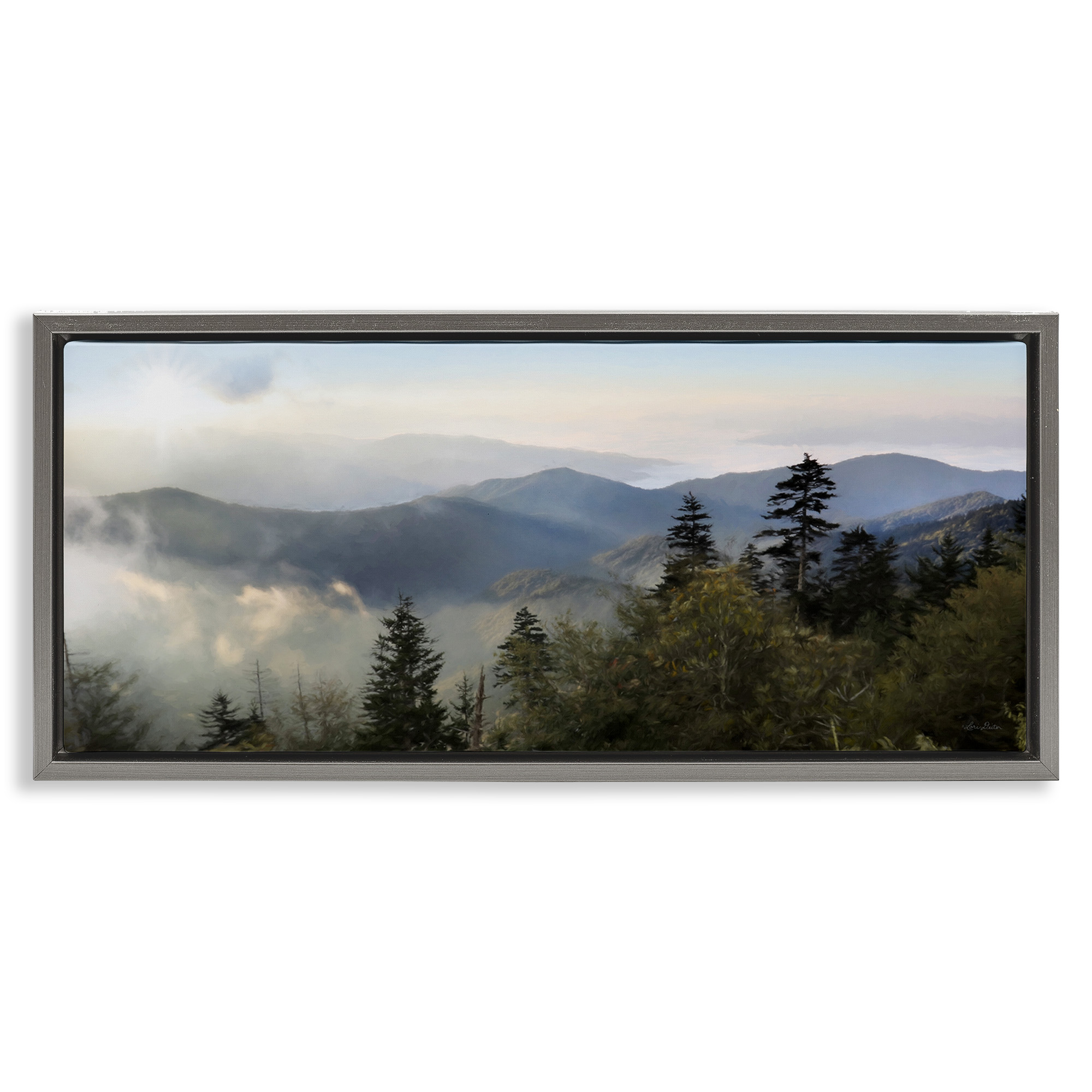 Stupell Industries Panoramic Cloudy Mountainous Nature Landscape Photography Gray Floater Framed Canvas Art Print Wall Art, 31 x 14