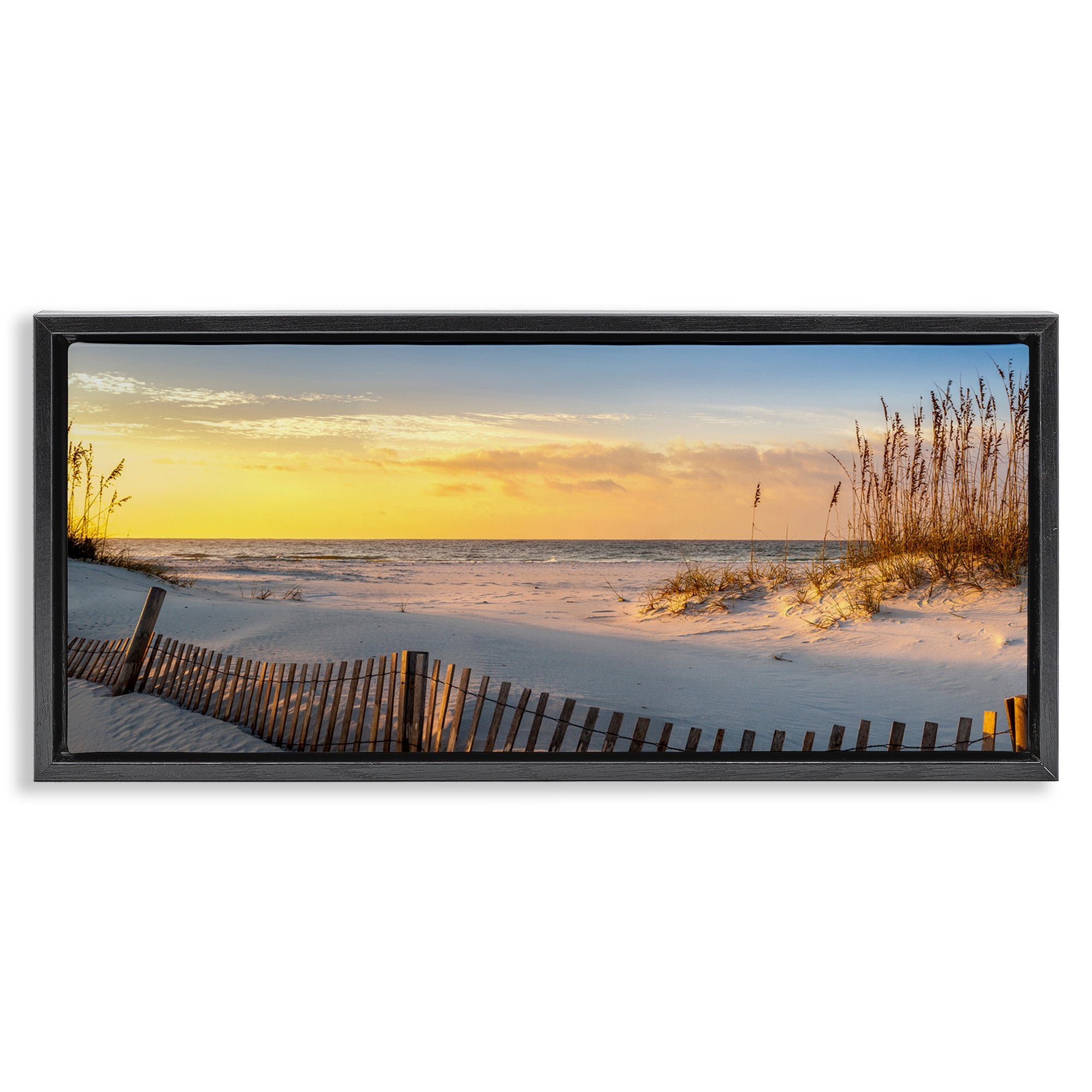 Stupell Industries Panoramic Coastal Beach Sunrise Nature Photography Black Floater Framed Canvas Art Print Wall Art, 31 x 14