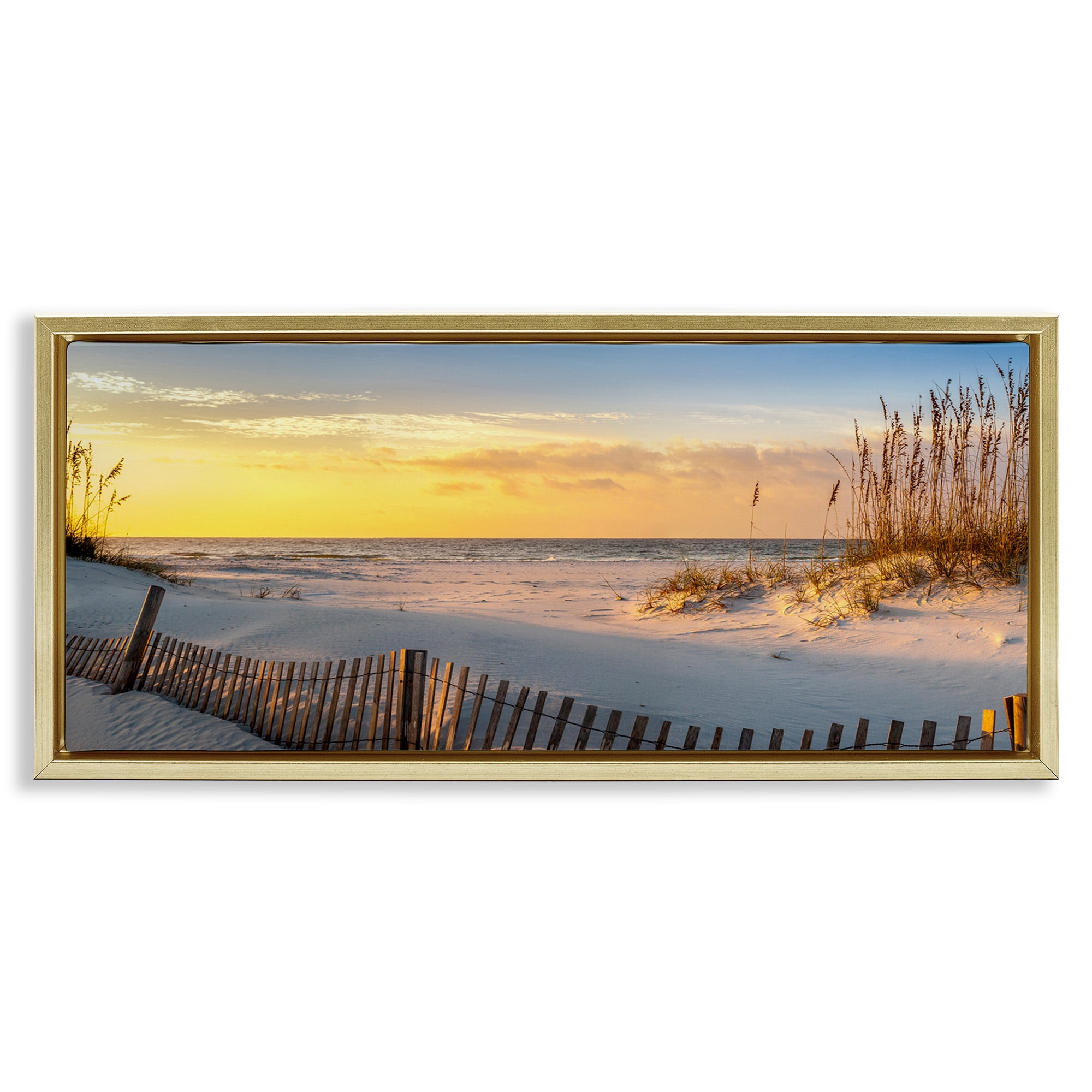 Stupell Industries Panoramic Coastal Beach Sunrise Nature Photography Gold Floater Framed Canvas Art Print Wall Art, 31 x 14