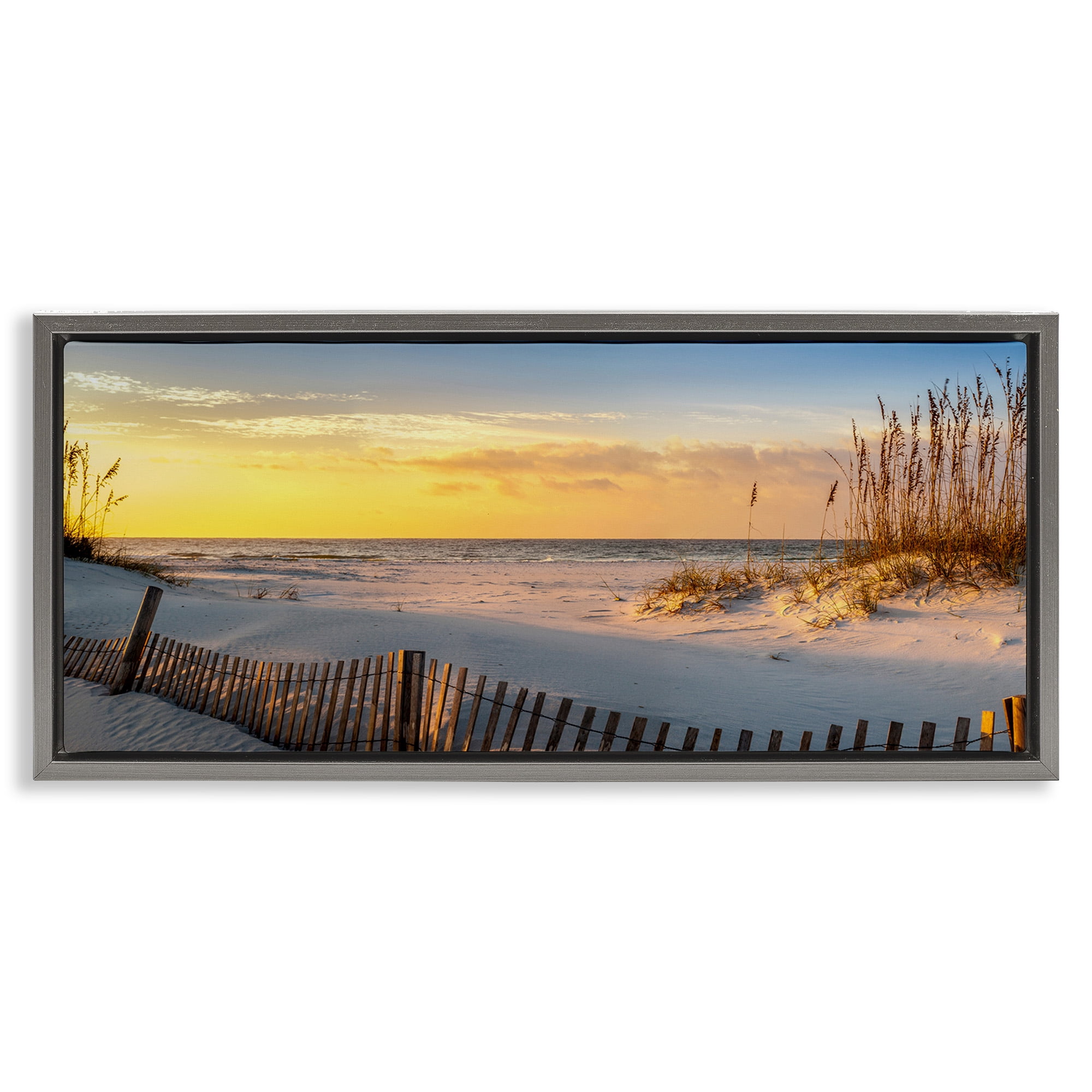Stupell Industries Panoramic Coastal Beach Sunrise Nature Photography Gray Floater Framed Canvas Art Print Wall Art, 31 x 14