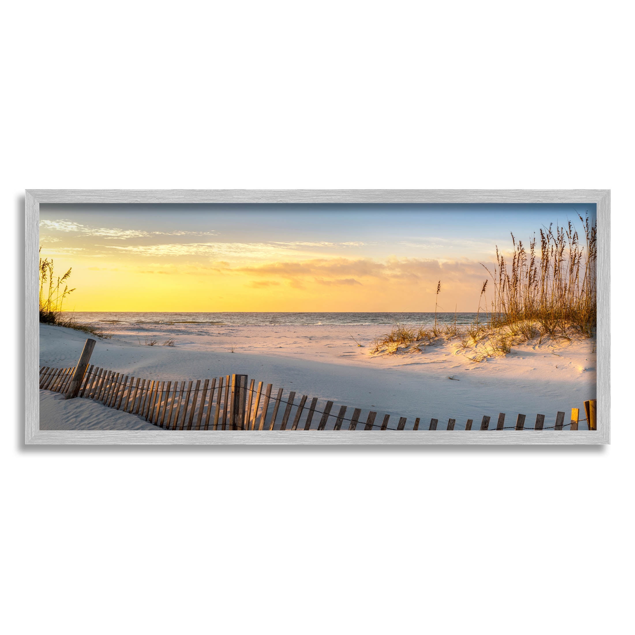 Panoramic Coastal Beach Sunrise Gray Framed Canvas Print, 30 x 13
