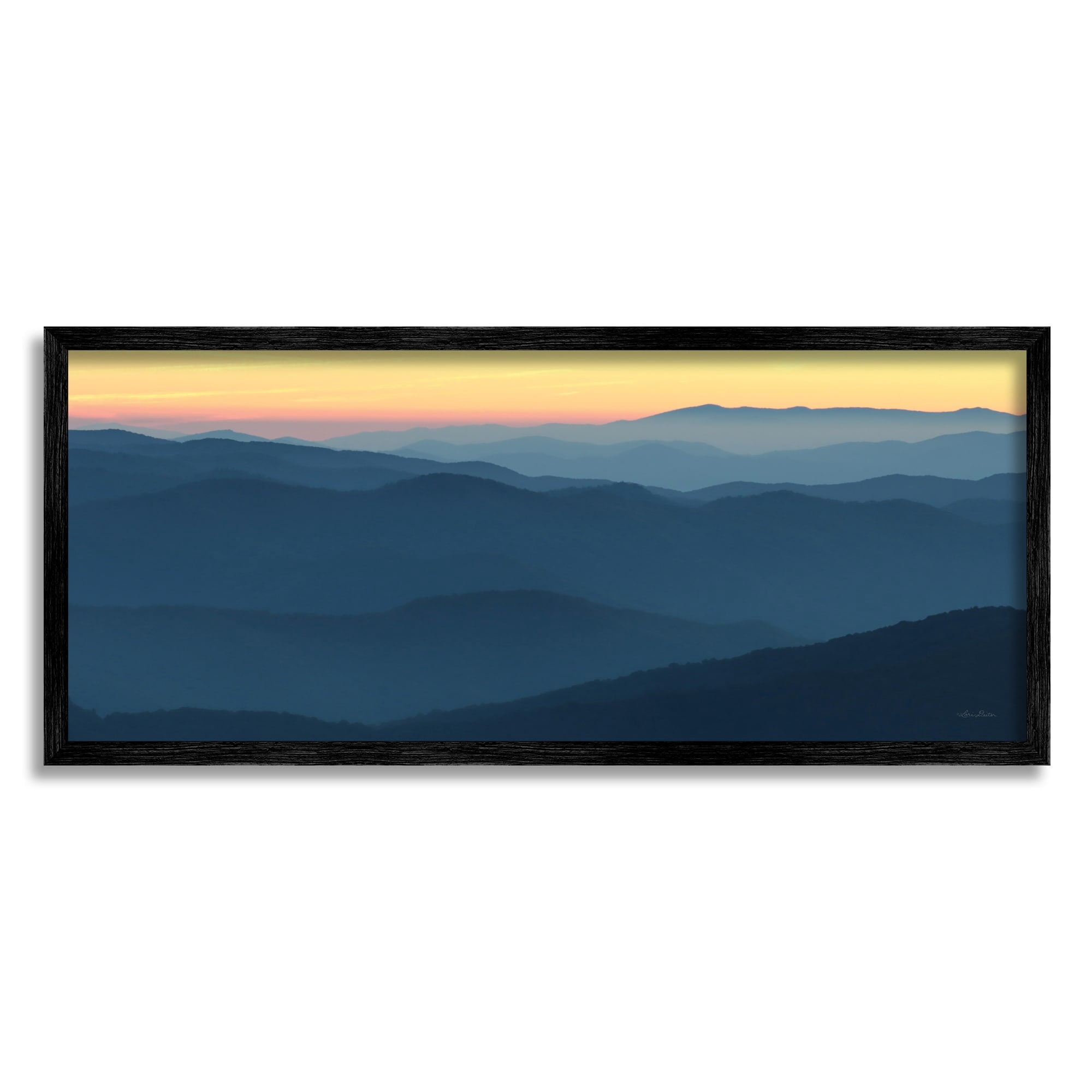 Stupell Industries Panoramic Horizon Sunset Sunrise Blue Mountain Range Photography Black Framed Art Print Wall Art, 30x13, by Lori Deiter