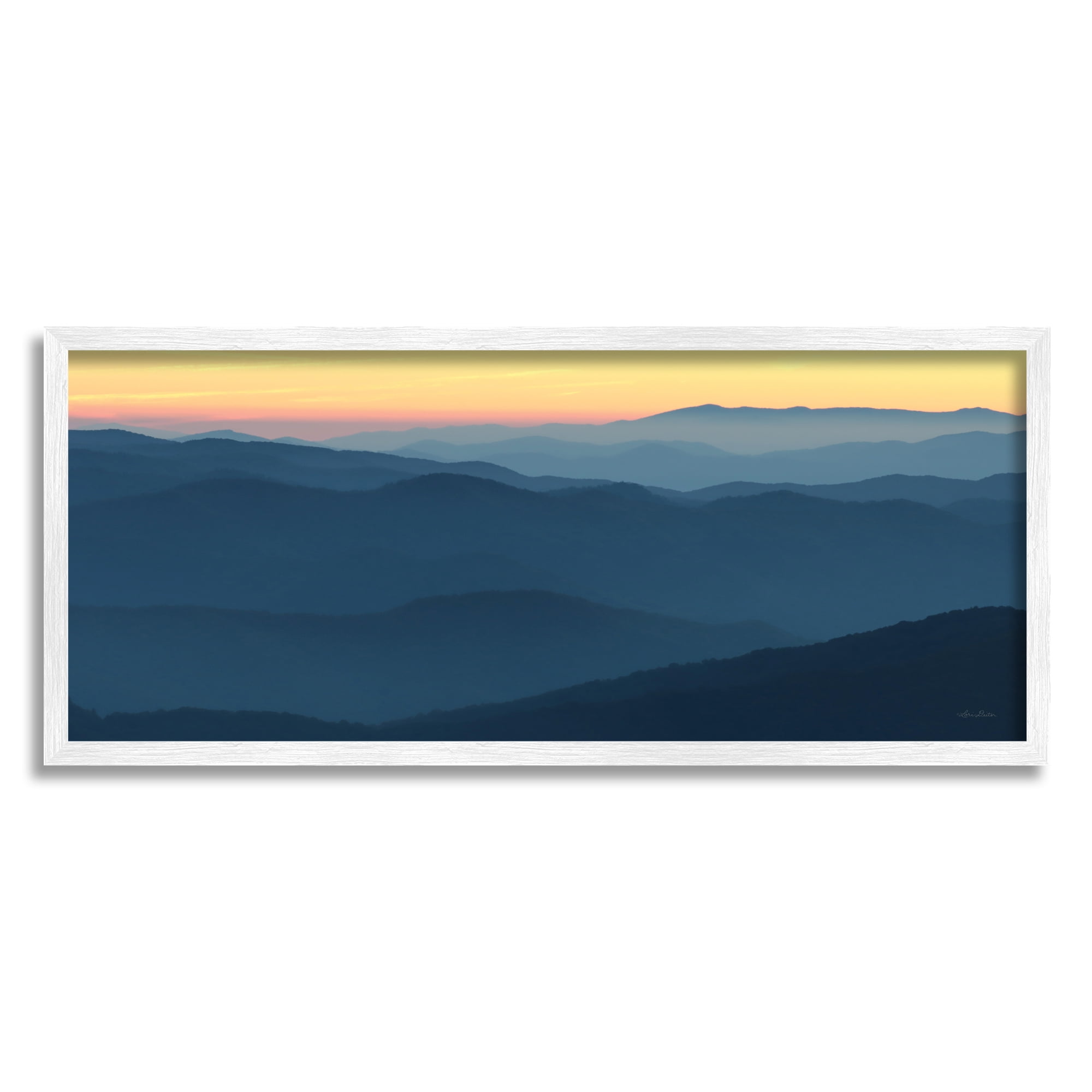 Stupell Industries Panoramic Horizon Sunset Sunrise Blue Mountain Range Photography White Framed Art Print Wall Art, 24x10, by Lori Deiter