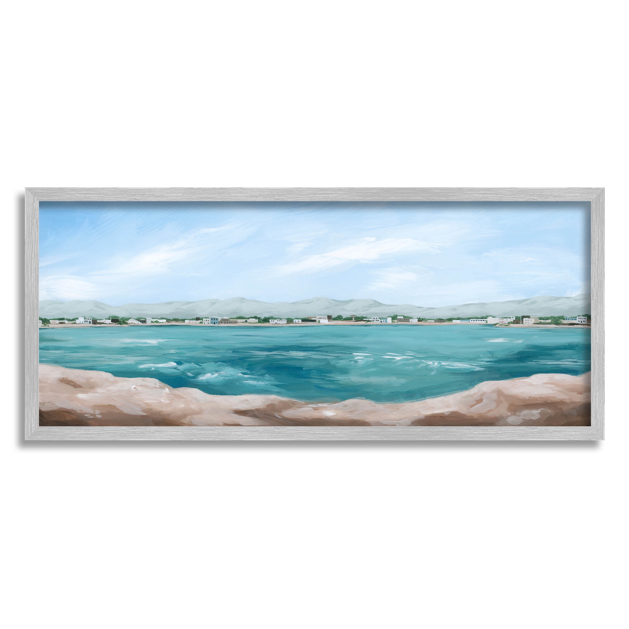 Stupell Industries Panoramic Rocky Ocean View Distant Town Painting Gray Framed Art Print Wall Art, Design by Grace Popp