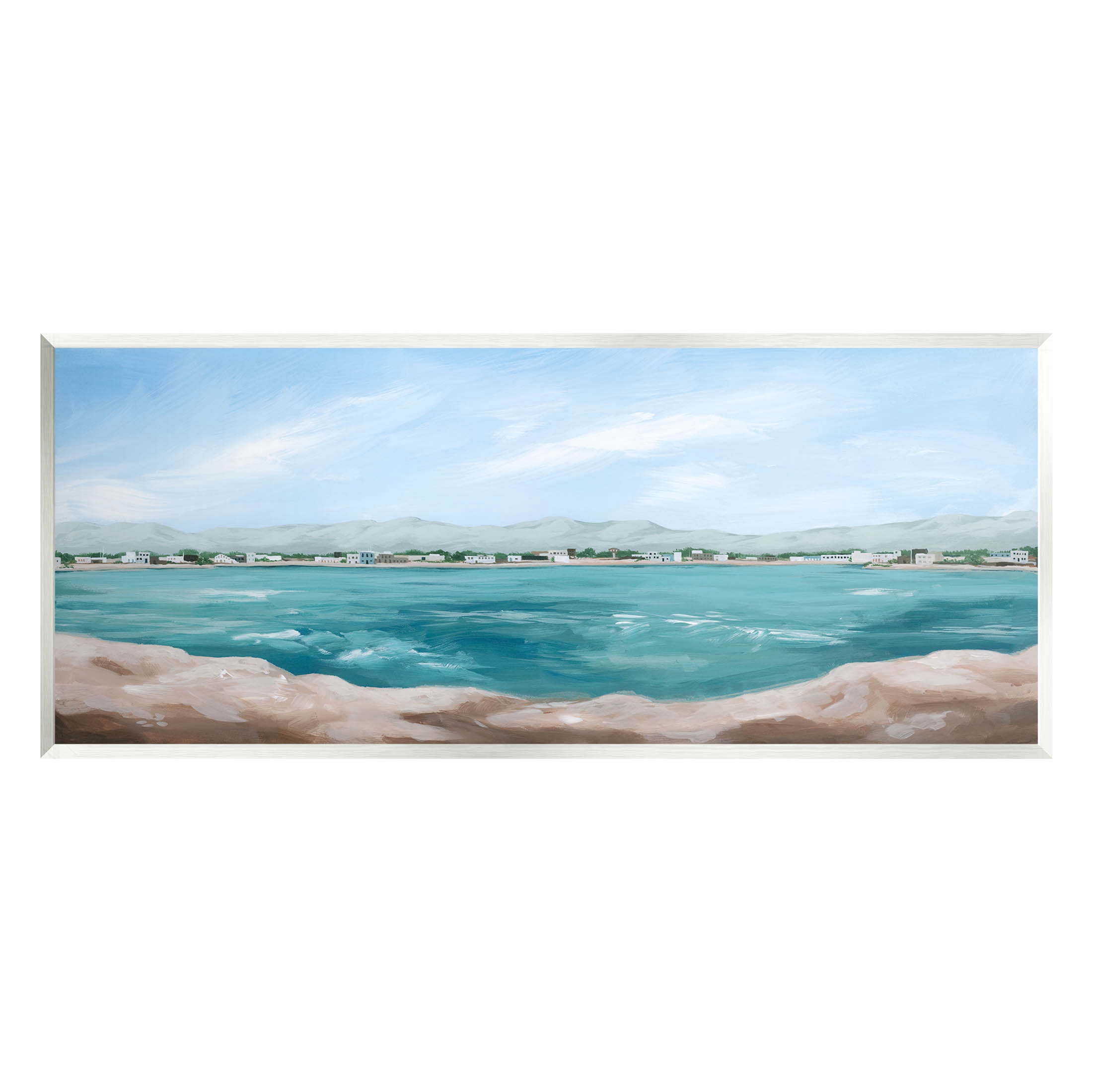 Stupell Industries Panoramic Rocky Ocean View Distant Town Painting Unframed Art Print Wall Art, Design by Grace Popp