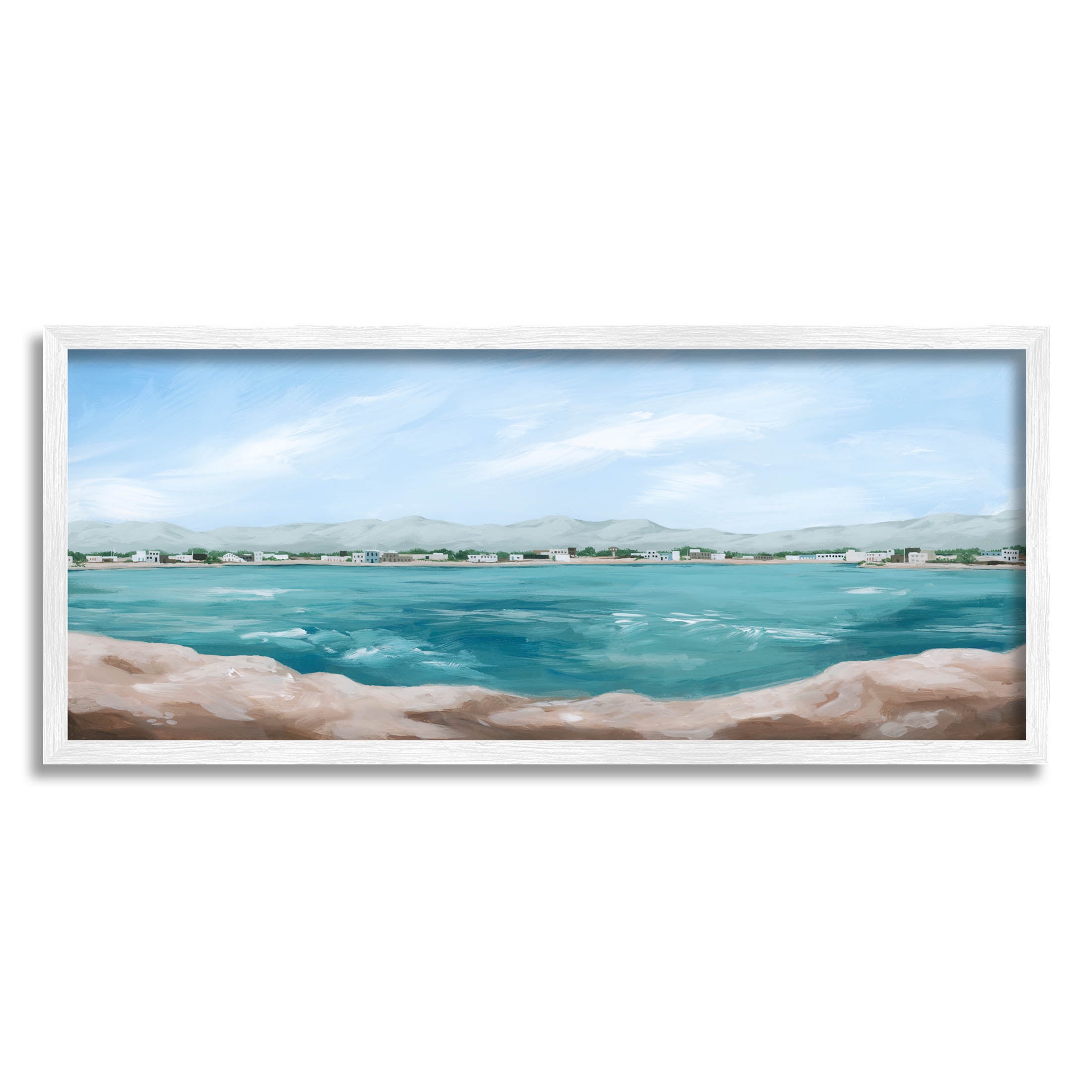 Stupell Industries Panoramic Rocky Ocean View Distant Town Painting White Framed Art Print Wall Art, Design by Grace Popp