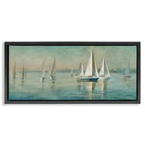 Stupell Industries Panoramic Sailing at Sunrise Nautical & Beach Painting Black Floater Framed Canvas Art Print Wall Art, 25 x 11