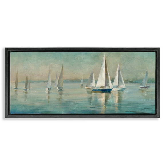Stupell Industries Panoramic Sailing at Sunrise Nautical & Beach Painting Black Floater Framed Canvas Art Print Wall Art, 25 x 11