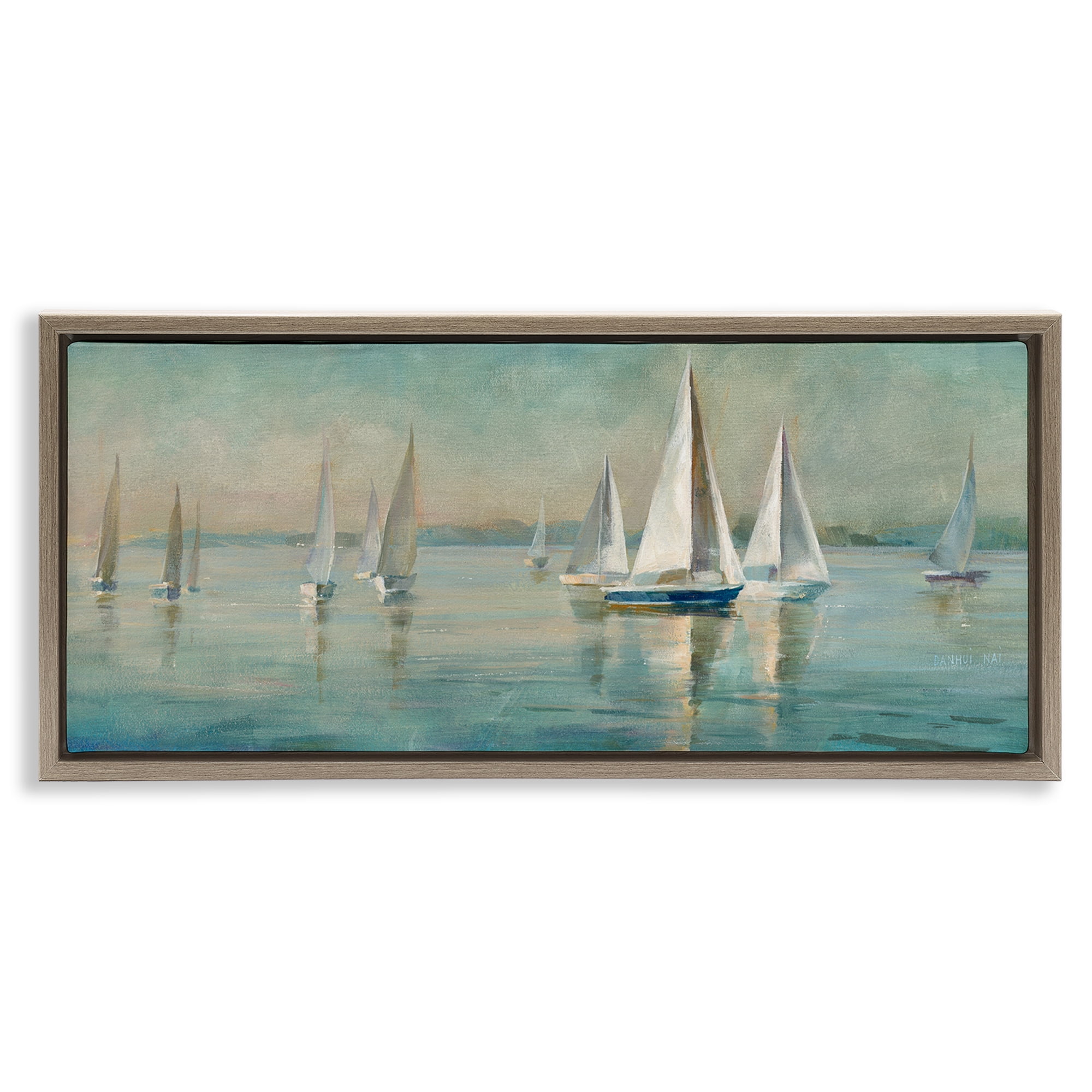 Stupell Industries Panoramic Sailing at Sunrise Nautical & Beach Painting Brown Floater Framed Canvas Art Print Wall Art, 25 x 11