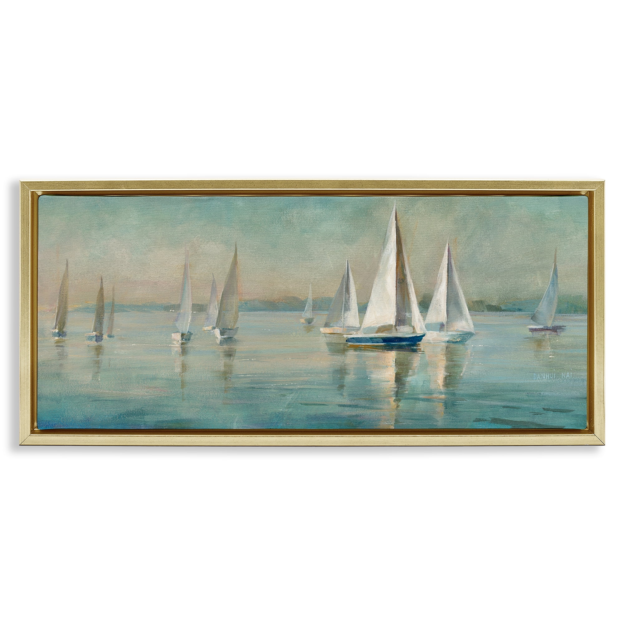 Stupell Industries Panoramic Sailing at Sunrise Nautical & Beach Painting Gold Floater Framed Canvas Art Print Wall Art, 31 x 14