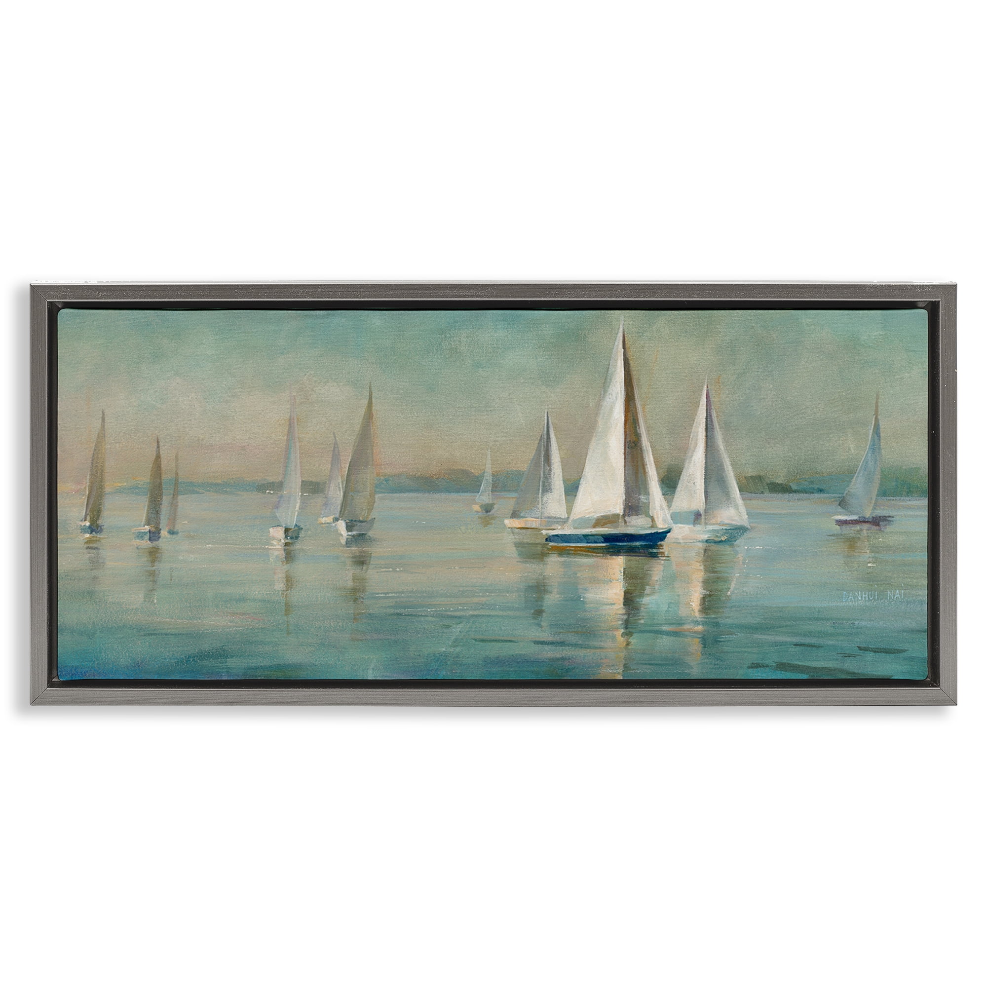 Stupell Industries Panoramic Sailing at Sunrise Nautical & Beach Painting Gray Floater Framed Canvas Art Print Wall Art, 25 x 11