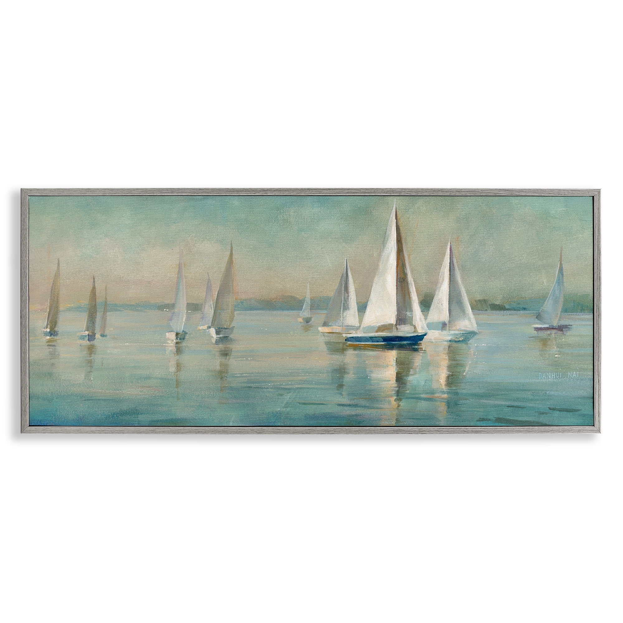 Stupell Industries Panoramic Sailing at Sunrise Nautical & Beach Painting Gray Framed Art Print Wall Art, 24 x 10