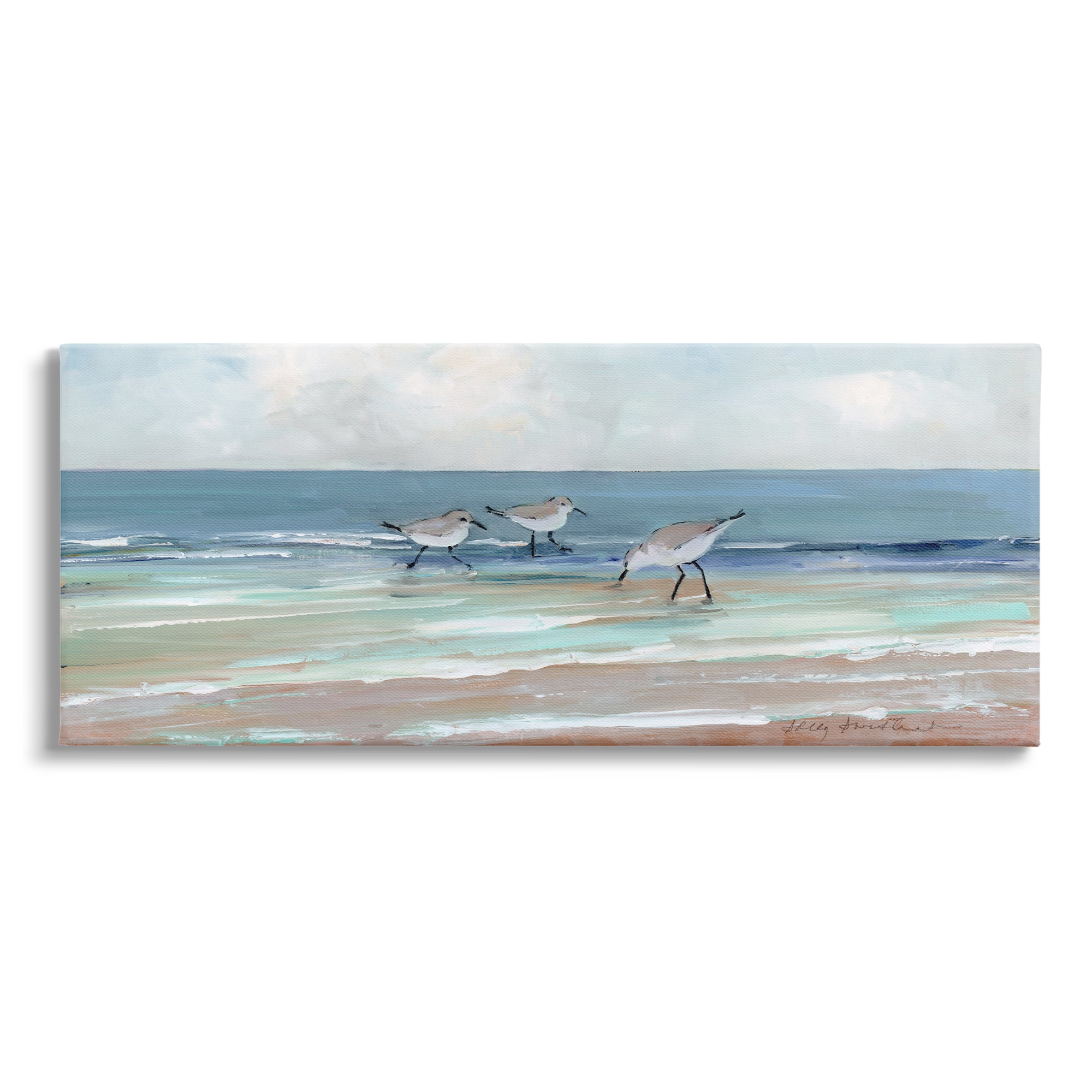 Stupell Industries Panoramic Sandpipers Birds Shoreline Ocean Landscape Painting , 30 x 13, Design by Sally Swatland