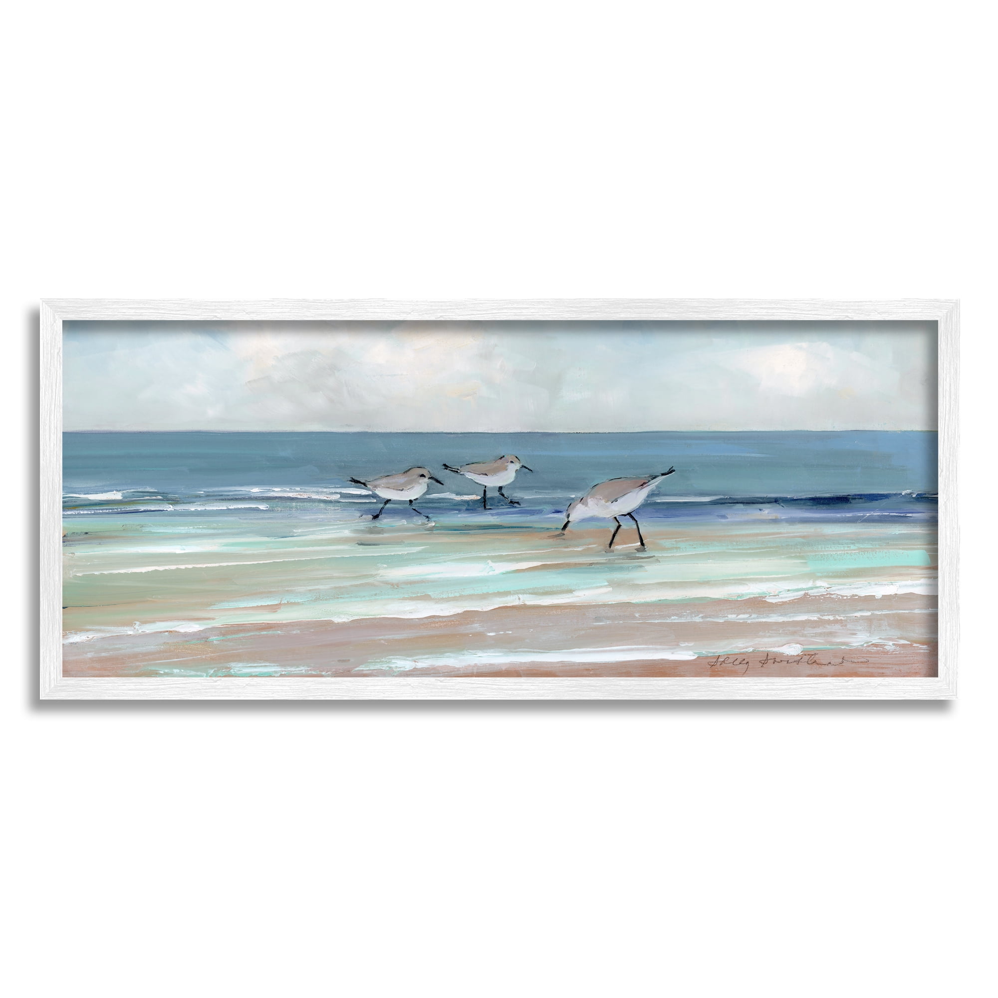 Stupell Industries Panoramic Sandpipers Birds Shoreline Ocean Landscape Painting , 30 x 13, Design by Sally Swatland