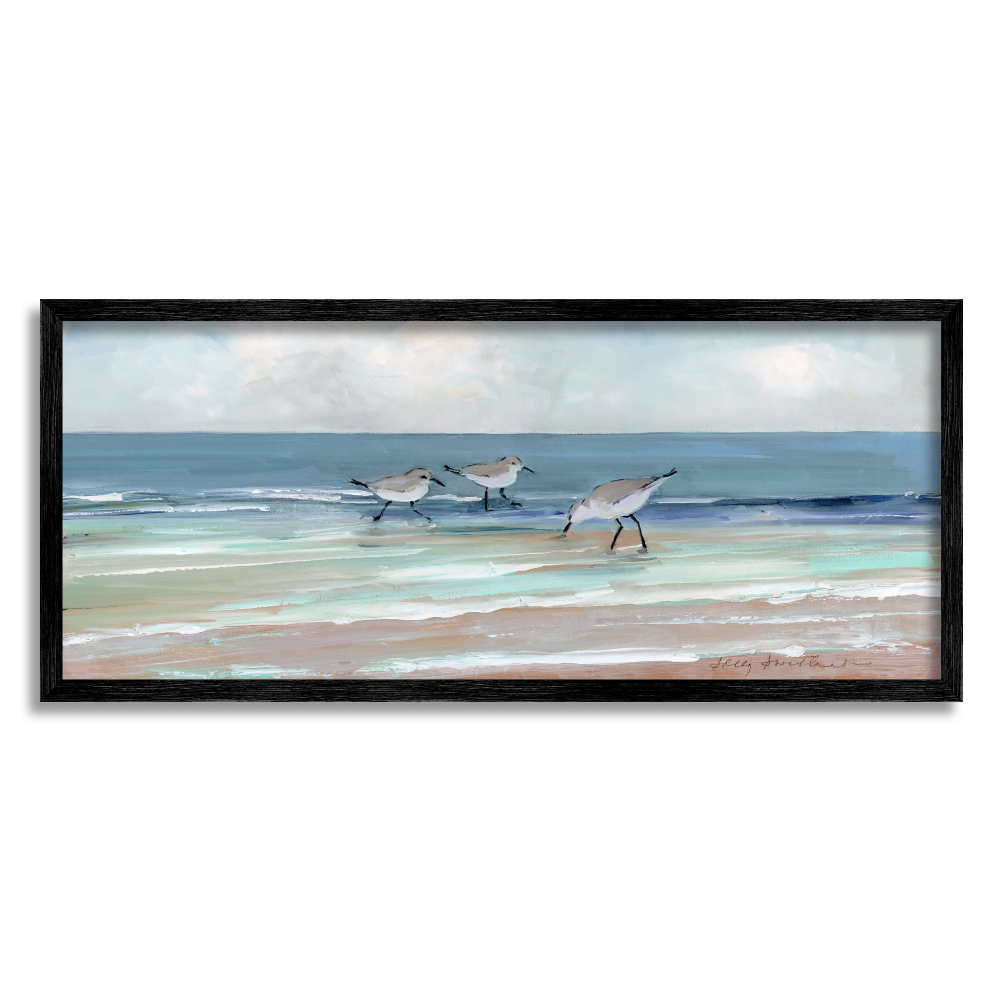 Stupell Industries Panoramic Sandpipers Birds Shoreline Ocean Landscape Painting Black Framed Art Print Wall Art, 24x10, by Sally Swatland