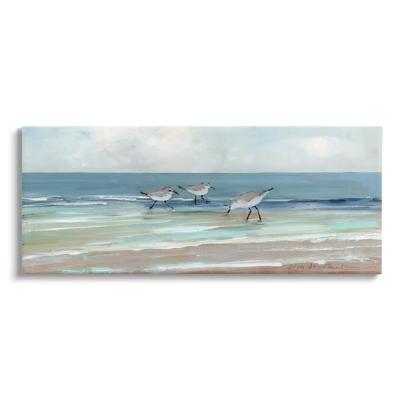 Stupell Industries Panoramic Sandpipers Birds Shoreline Ocean Landscape Painting Coastal Painting Gallery-Wrapped Canvas Print Wall Art, 24 x 10, Design by Sally Swatland