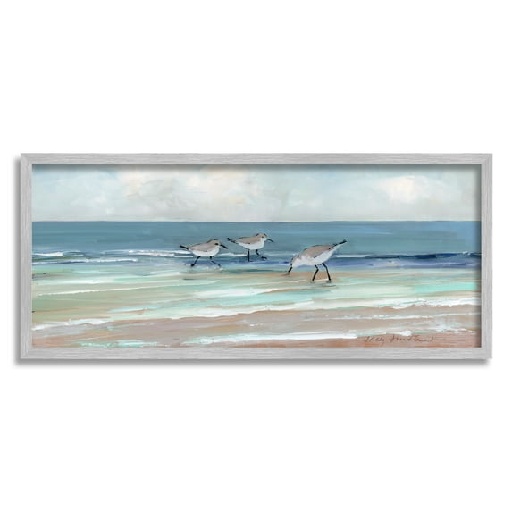 Stupell Industries Panoramic Sandpipers Birds Shoreline Ocean Landscape Painting Gray Framed Art Print Wall Art, 30x13, by Sally Swatland