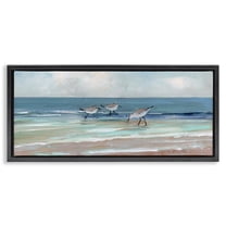 Stupell Industries Panoramic Sandpipers on Shoreline Nature Painting Black Floater Framed Canvas Art Print Wall Art, 25 x 11