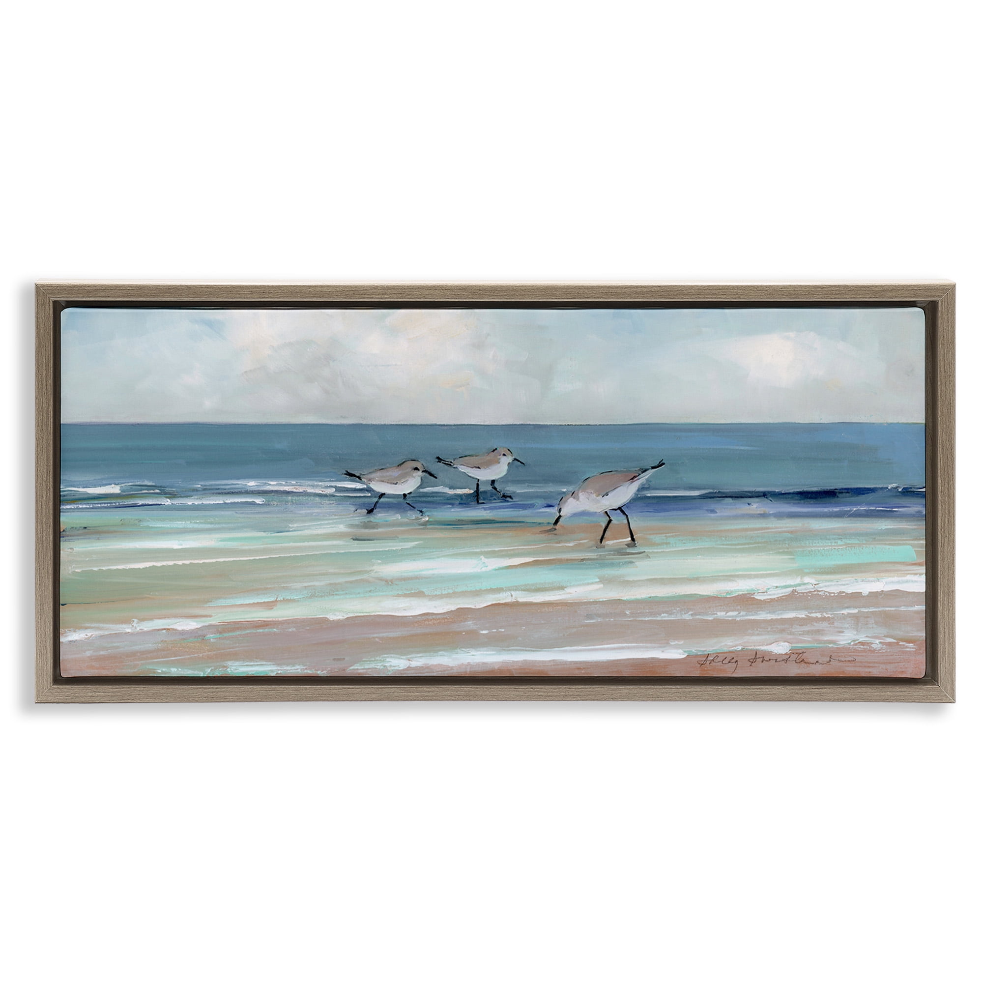 Stupell Industries Panoramic Sandpipers on Shoreline Nature Painting Brown Floater Framed Canvas Art Print Wall Art, 25 x 11