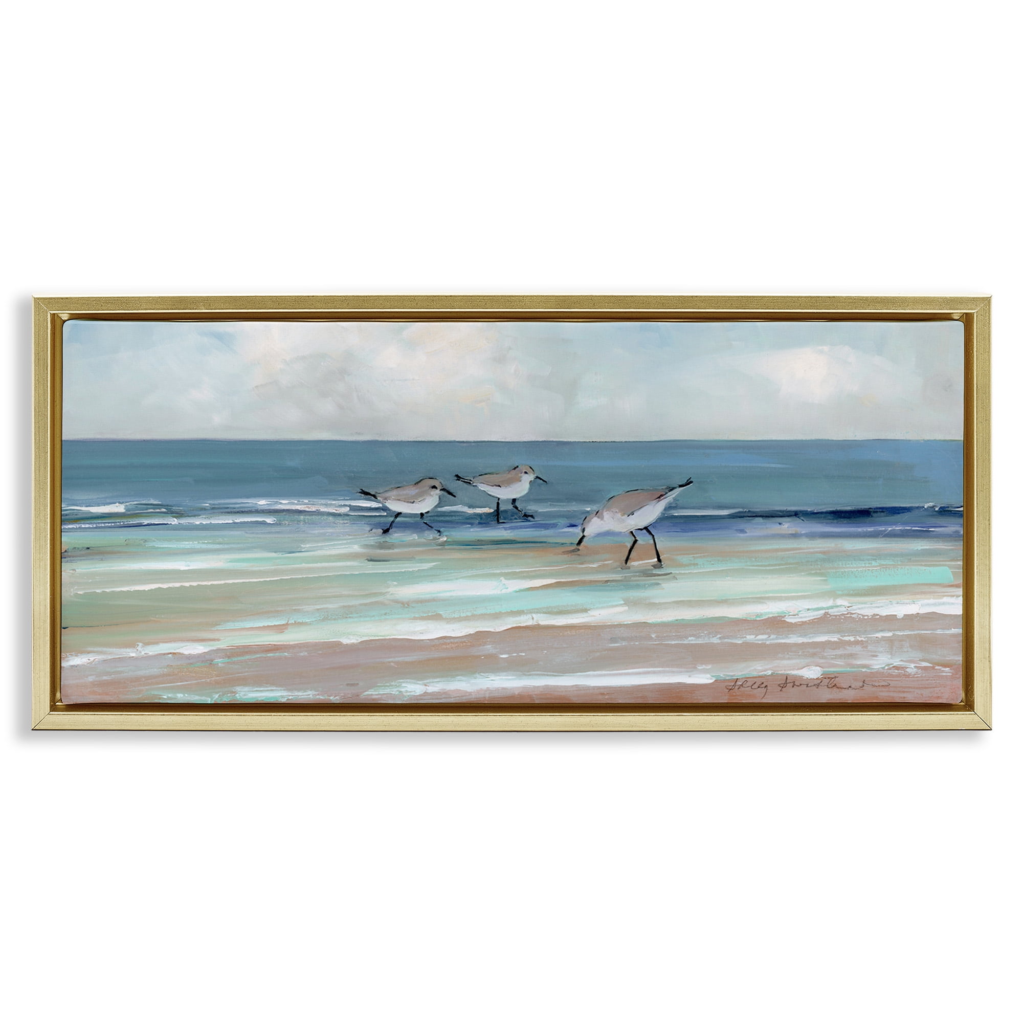 Stupell Industries Panoramic Sandpipers on Shoreline Nature Painting Gold Floater Framed Canvas Art Print Wall Art, 25 x 11