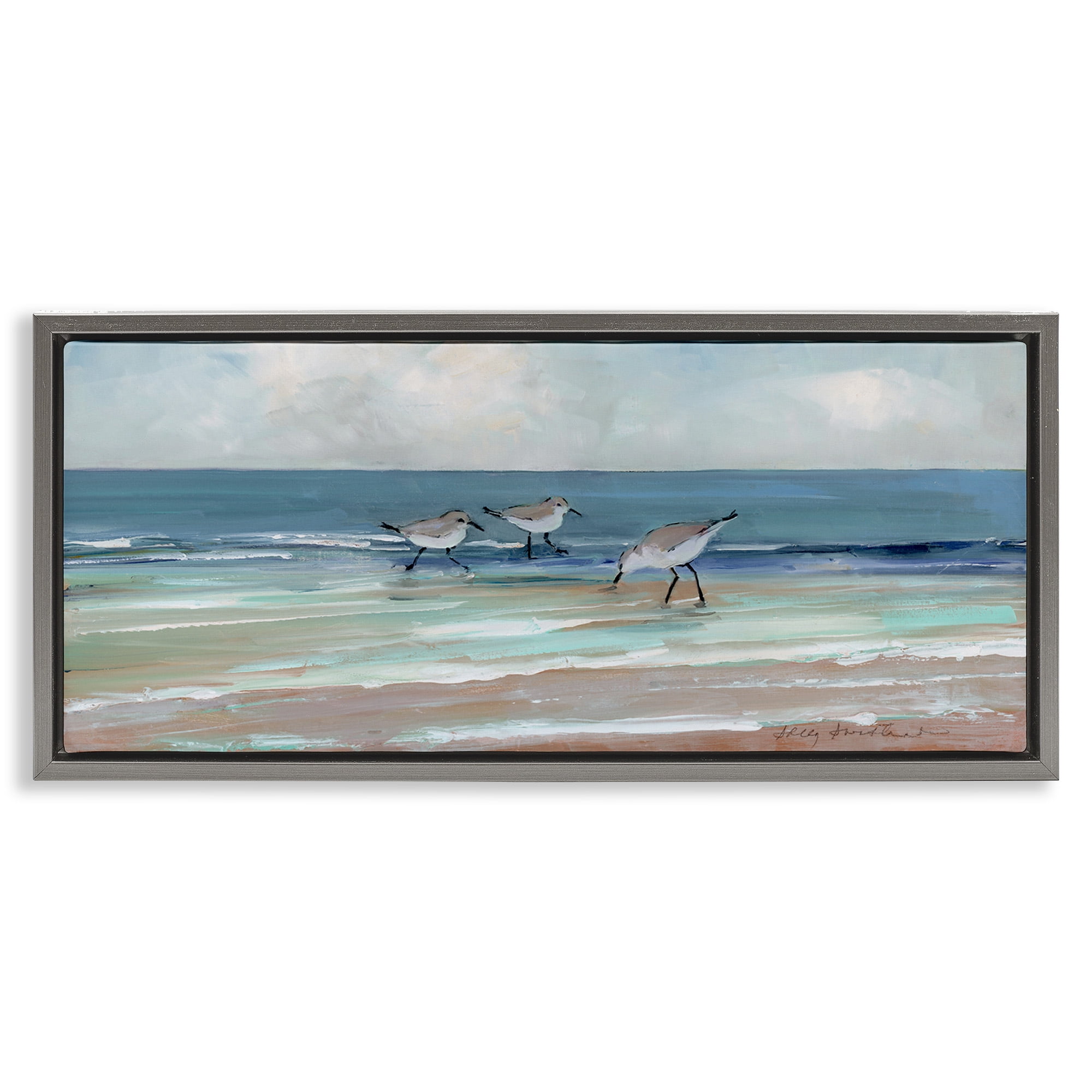 Stupell Industries Panoramic Sandpipers on Shoreline Nature Painting Gray Floater Framed Canvas Art Print Wall Art, 31 x 14