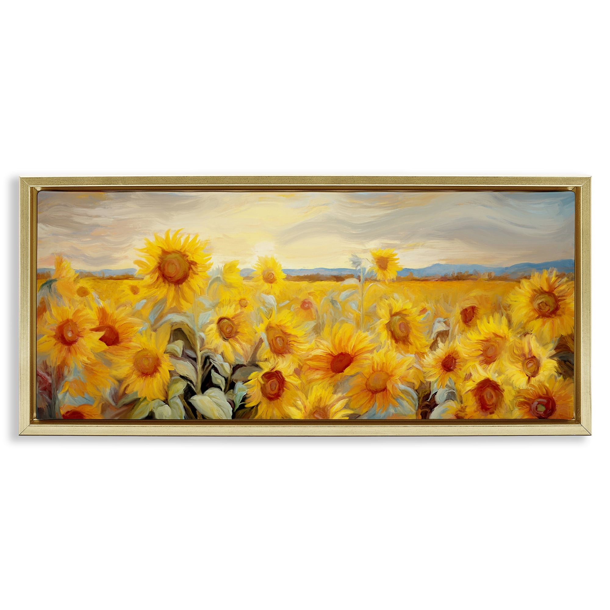 Stupell Industries Panoramic Sunflower Field Landscape & Nature Painting Gold Floater Framed Canvas Art Print Wall Art, 25 x 11