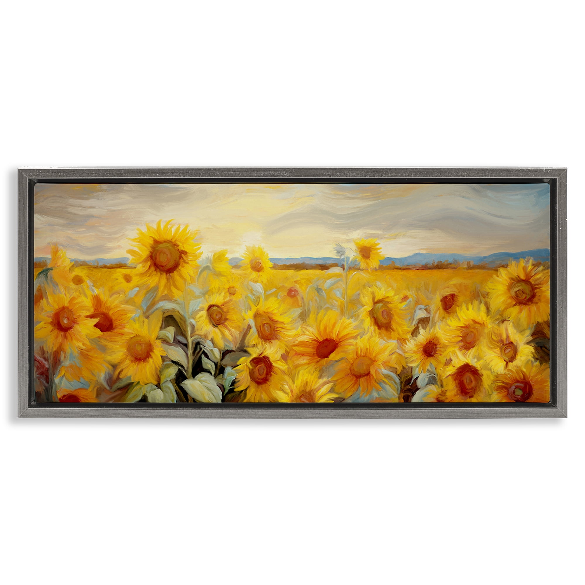 Stupell Industries Panoramic Sunflower Field Landscape & Nature Painting Gray Floater Framed Canvas Art Print Wall Art, 31 x 14
