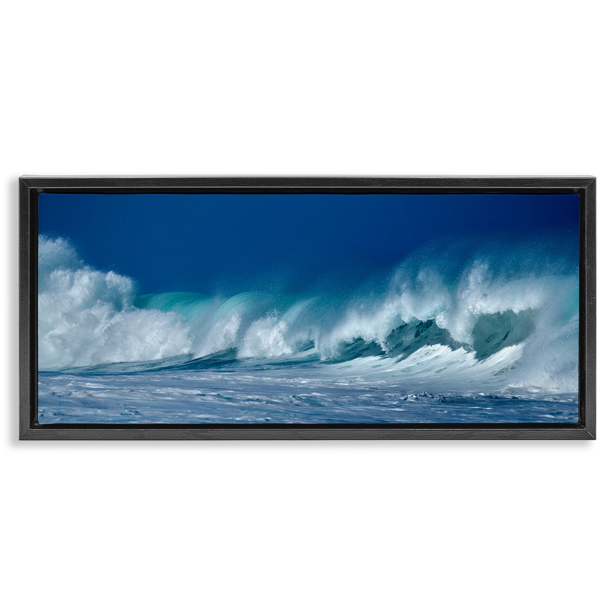 Stupell Industries Panoramic Tsunami Wave Splashing Nature Photography Black Floater Framed Canvas Art Print Wall Art, 25 x 11
