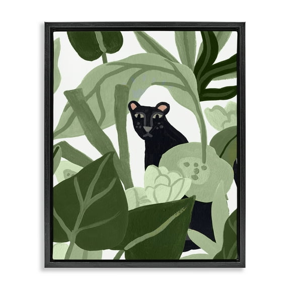 Stupell Industries Panther Peeking from Leaves Plants & Flowers Painting Black Floater Framed Canvas Art Print Wall Art, 17 x 21