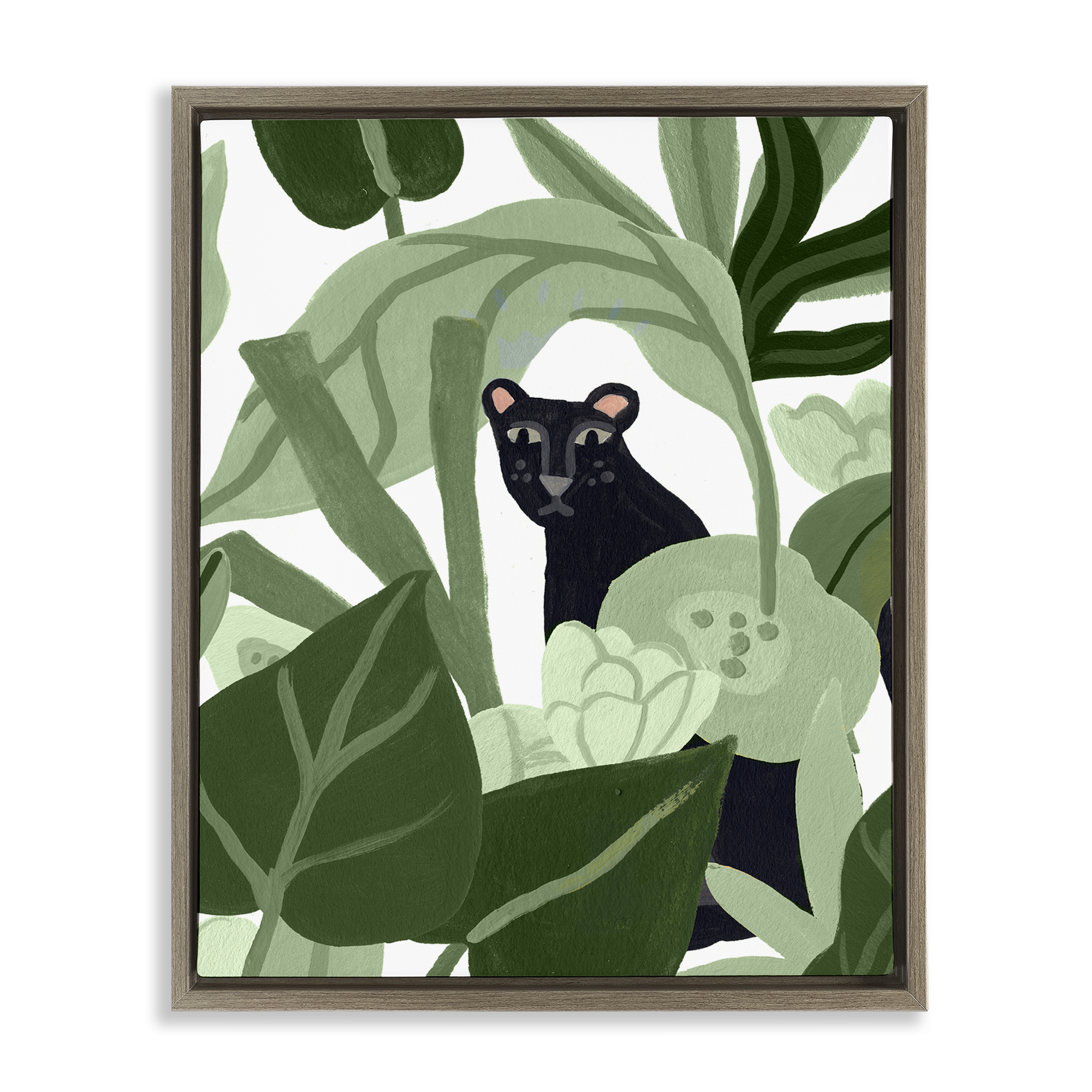 Stupell Industries Panther Peeking from Leaves Plants & Flowers Painting Brown Floater Framed Canvas Art Print Wall Art, 17 x 21