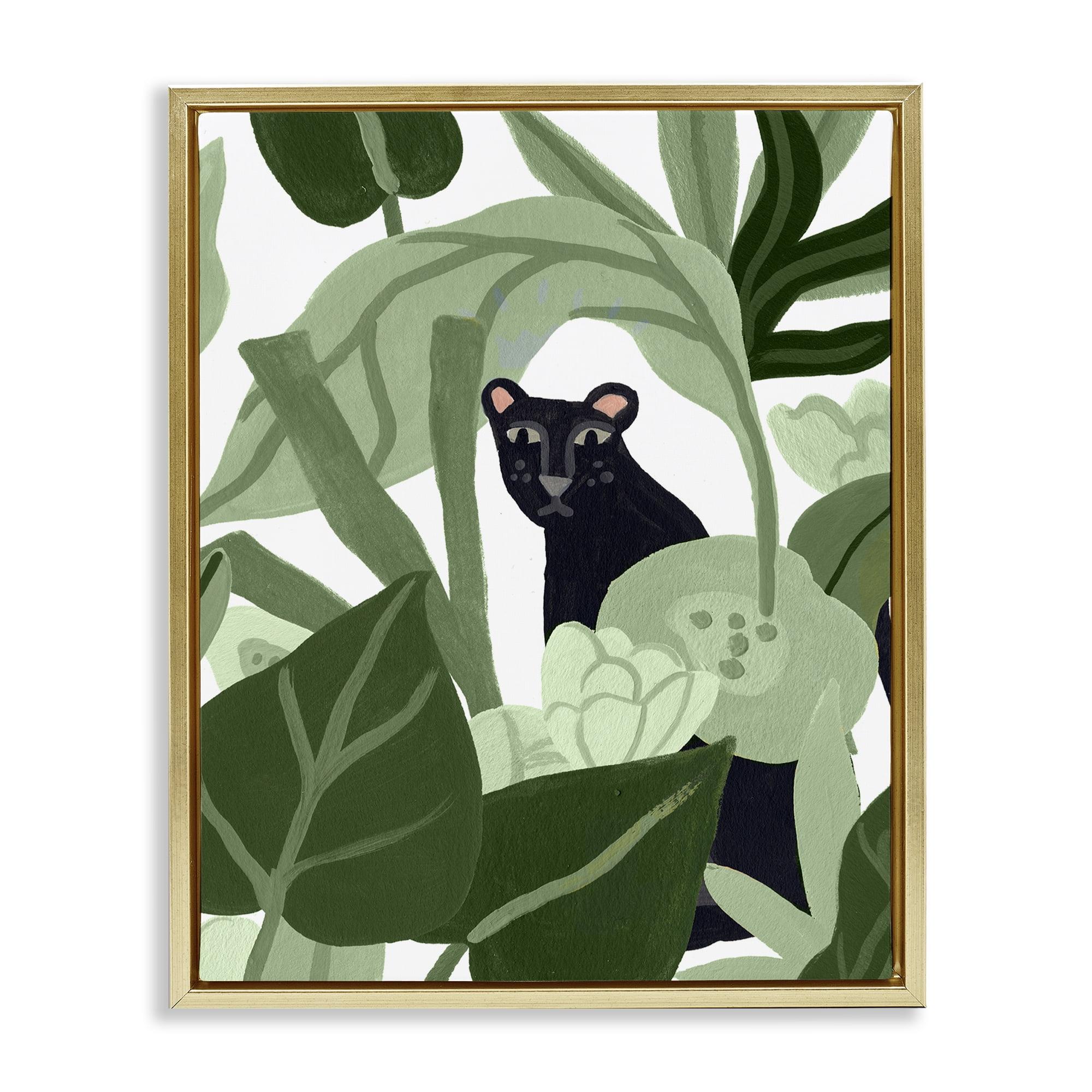 Stupell Industries Panther Peeking from Leaves Plants & Flowers Painting Gold Floater Framed Canvas Art Print Wall Art, 25 x 31