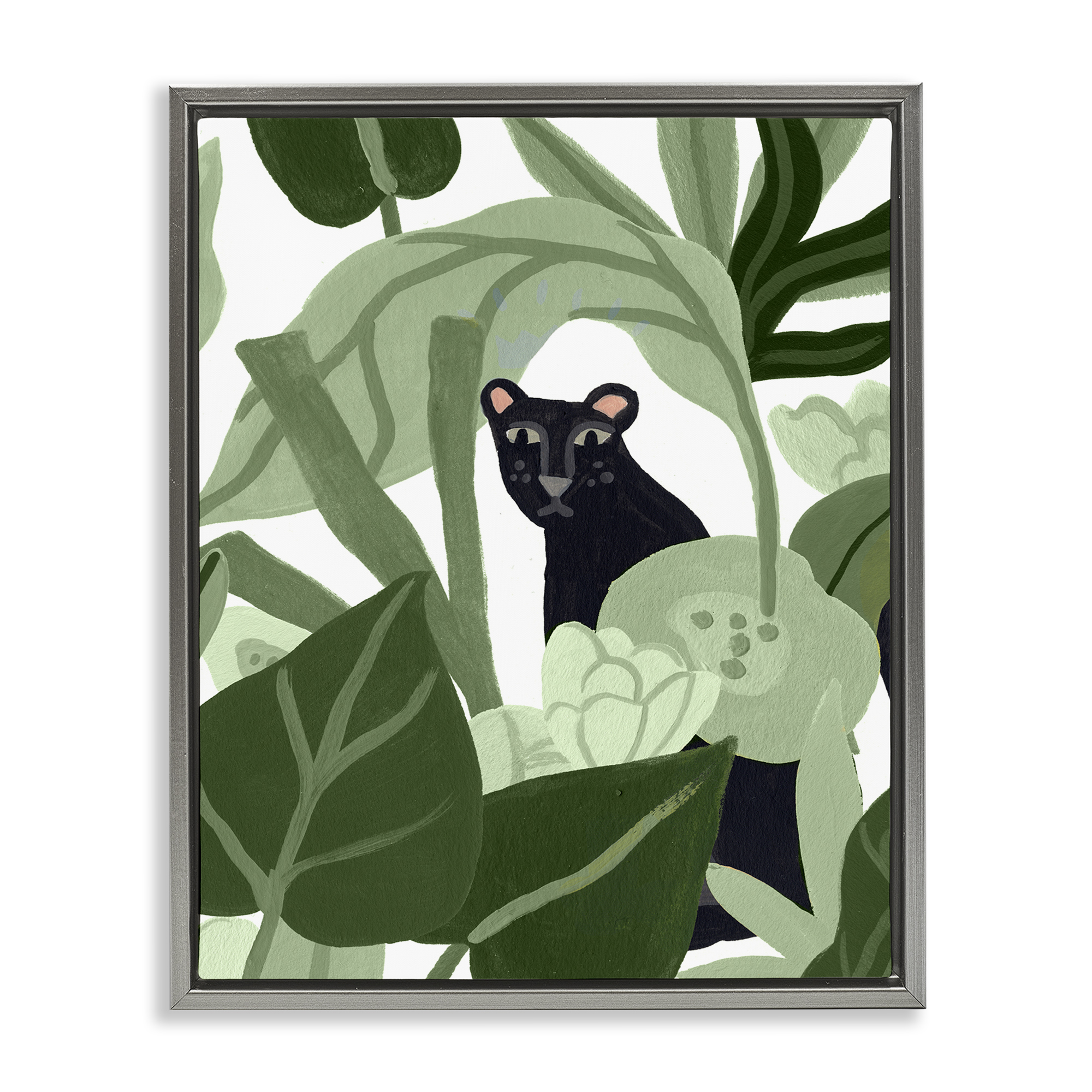 Stupell Industries Panther Peeking from Leaves Plants & Flowers Painting Gray Floater Framed Canvas Art Print Wall Art, 25 x 31