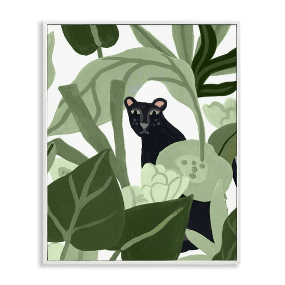 Stupell Industries Panther Peeking from Leaves Plants & Flowers Painting White Framed Art Print Wall Art, 11 x 14