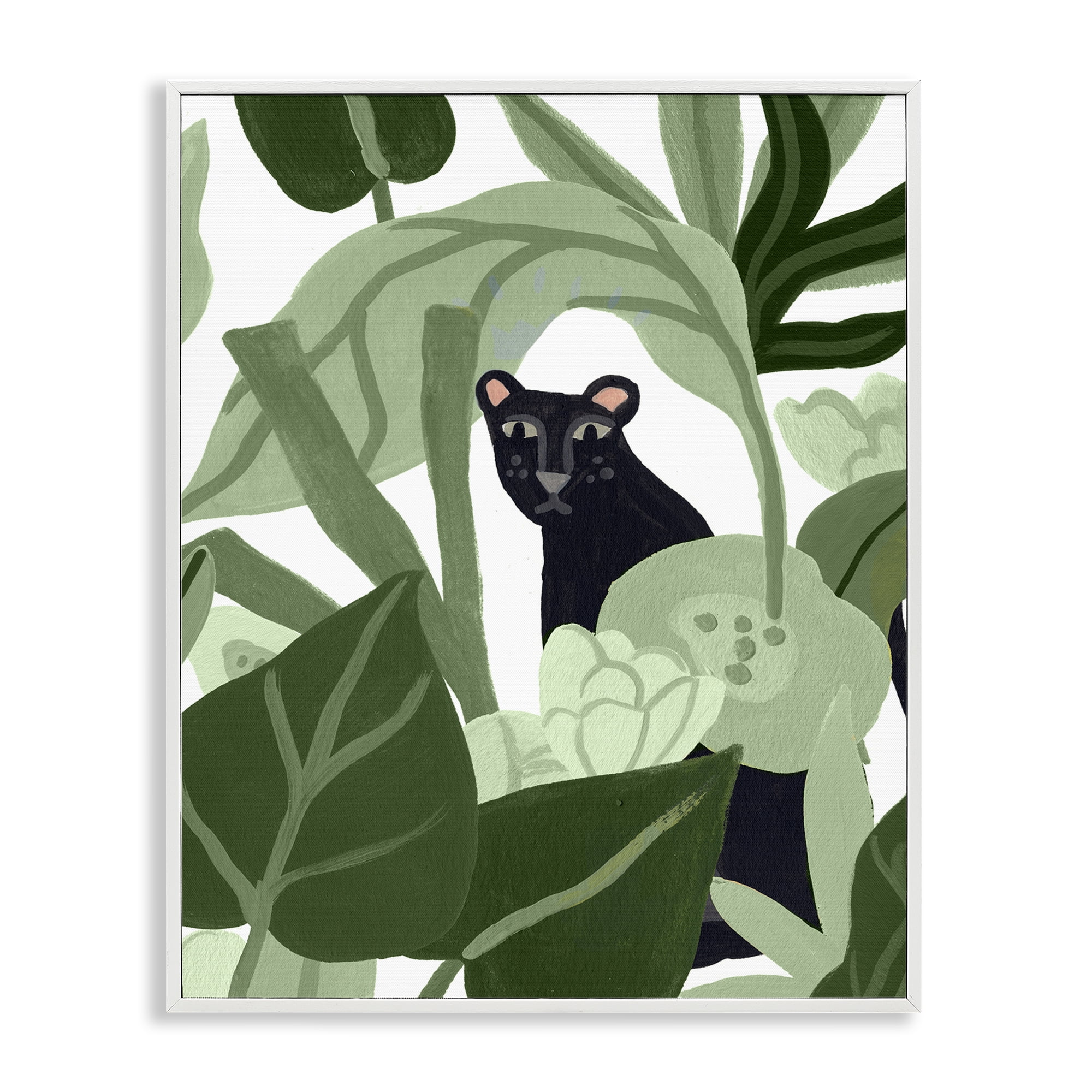 Stupell Industries Panther Peeking from Leaves Plants & Flowers Painting White Framed Art Print Wall Art, 16 x 20