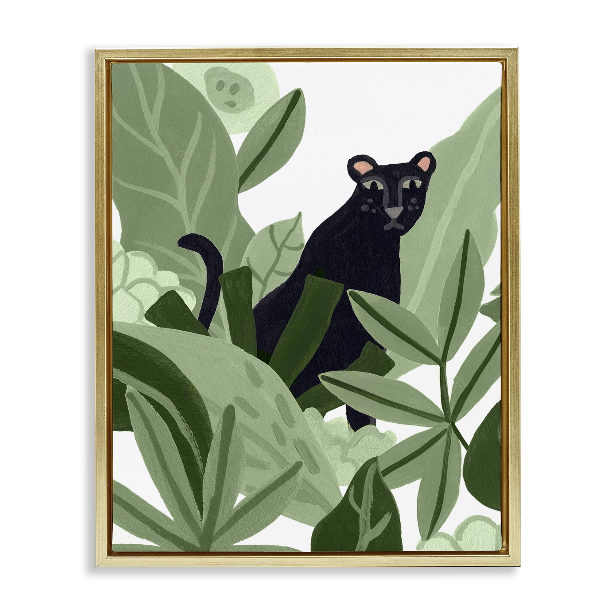 Stupell Industries Panther in Tropical Leaves Plants & Flowers Painting Gold Floater Framed Canvas Art Print Wall Art, 17 x 21