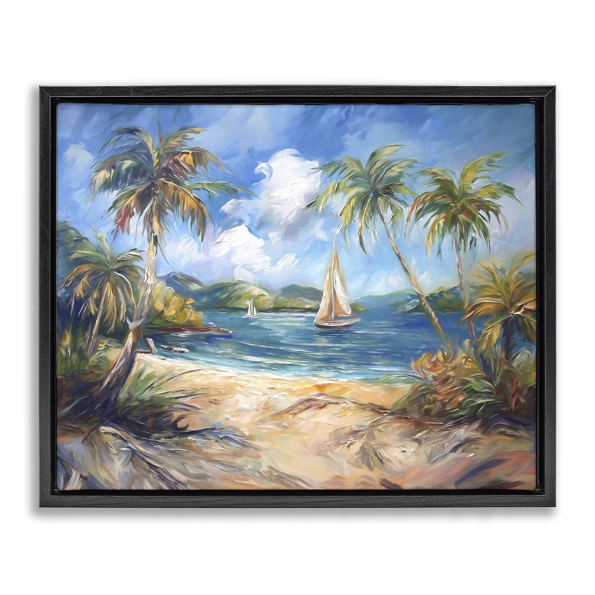 Stupell Industries Paradise Beach Harbor Coastal Painting Black Floater Framed Canvas Art Print Wall Art, 31 x 25