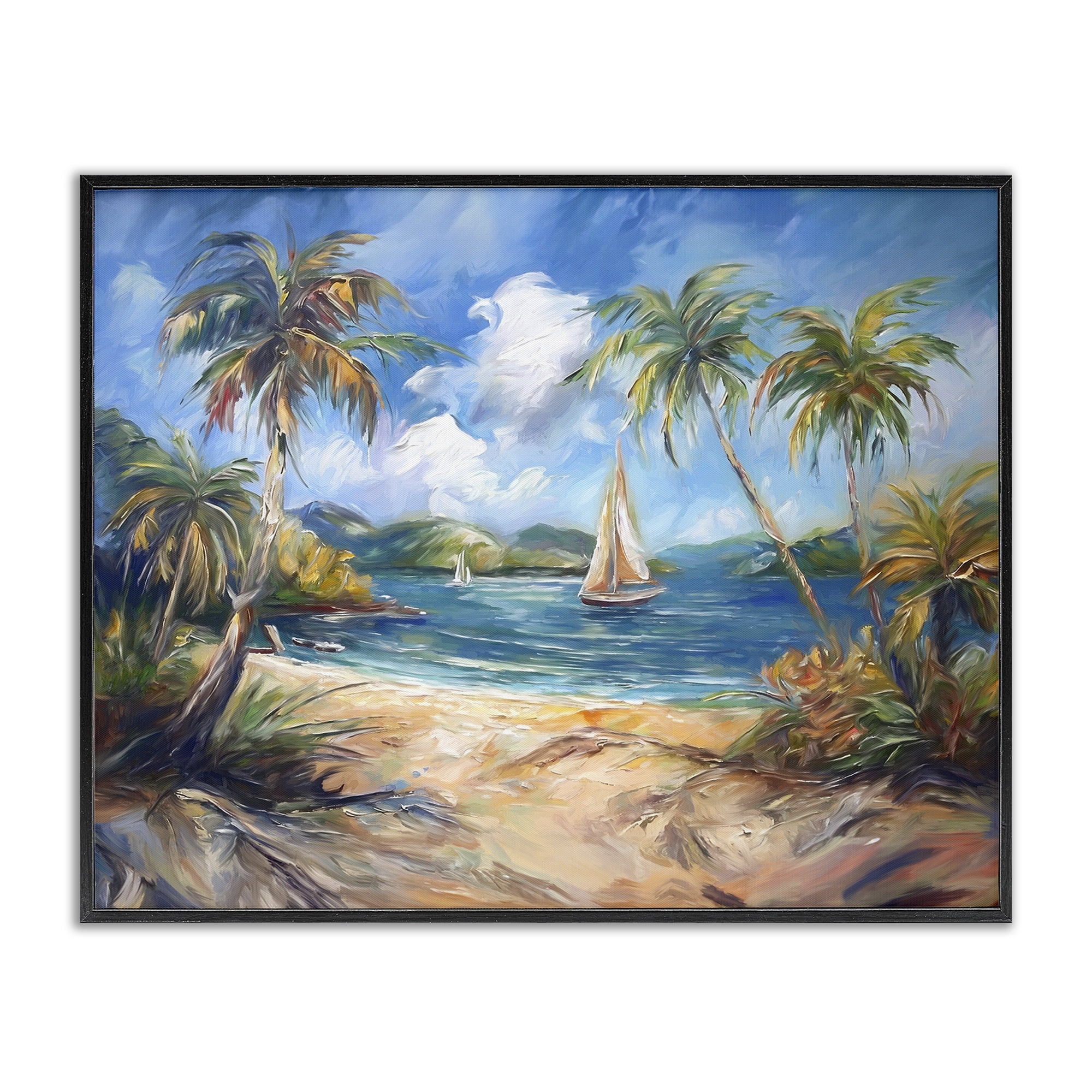 Stupell Industries Paradise Beach Harbor Coastal Painting Black Framed Art Print Wall Art, 30 x 24