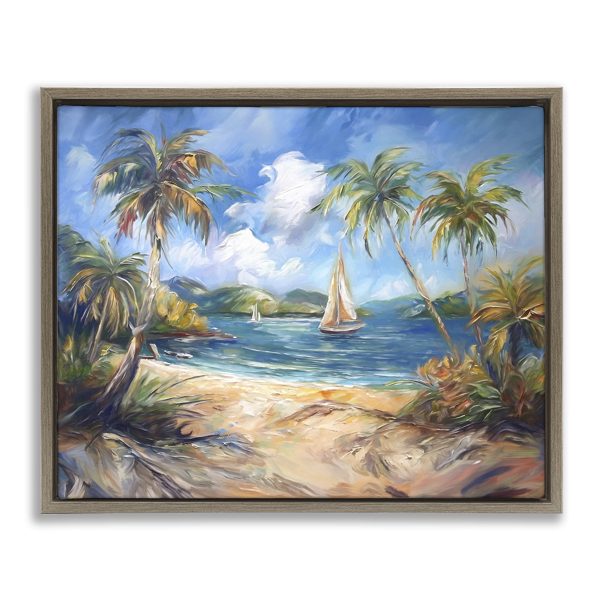 Stupell Industries Paradise Beach Harbor Coastal Painting Brown Floater Framed Canvas Art Print Wall Art, 21 x 17
