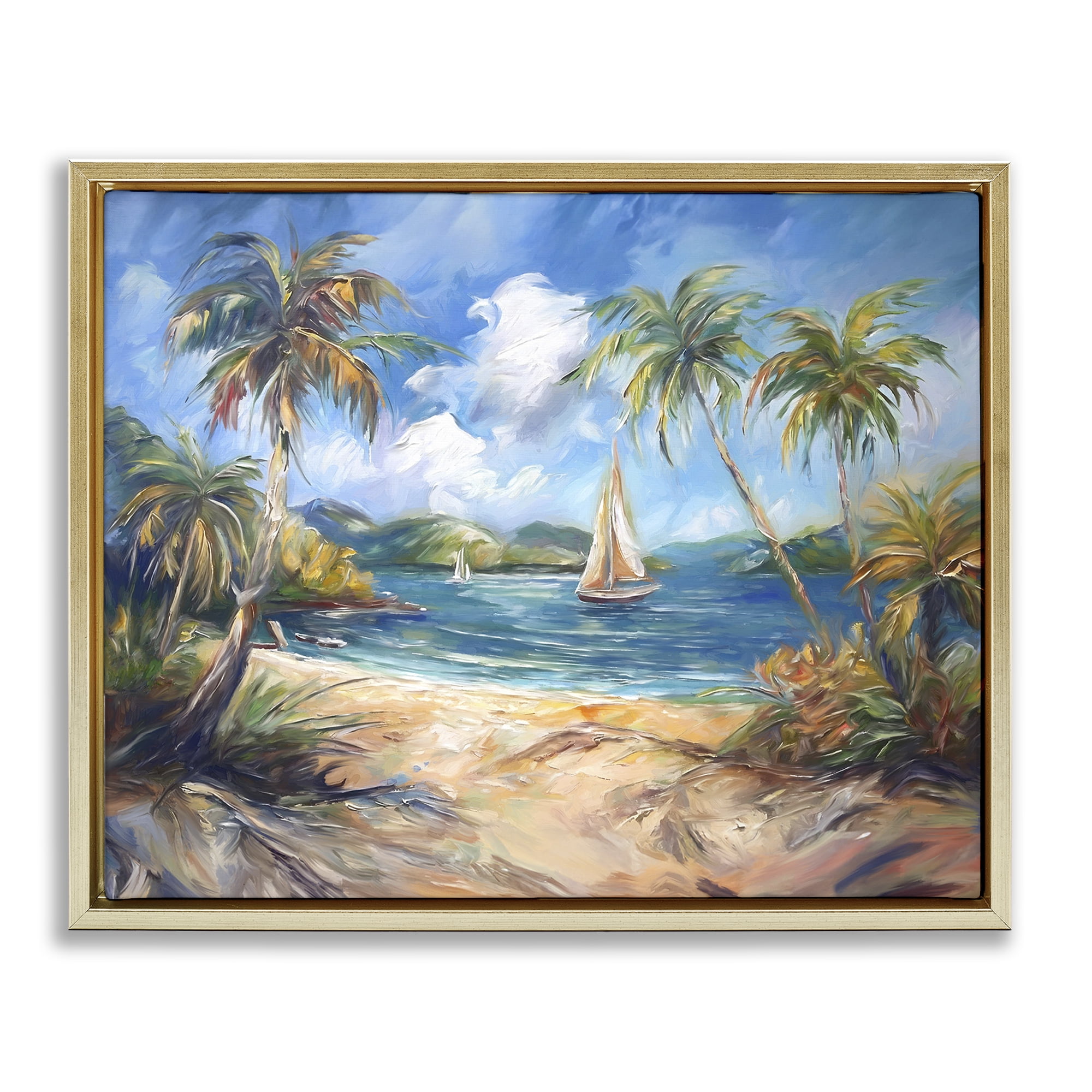 Stupell Industries Paradise Beach Harbor Coastal Painting Gold Floater Framed Canvas Art Print Wall Art, 31 x 25