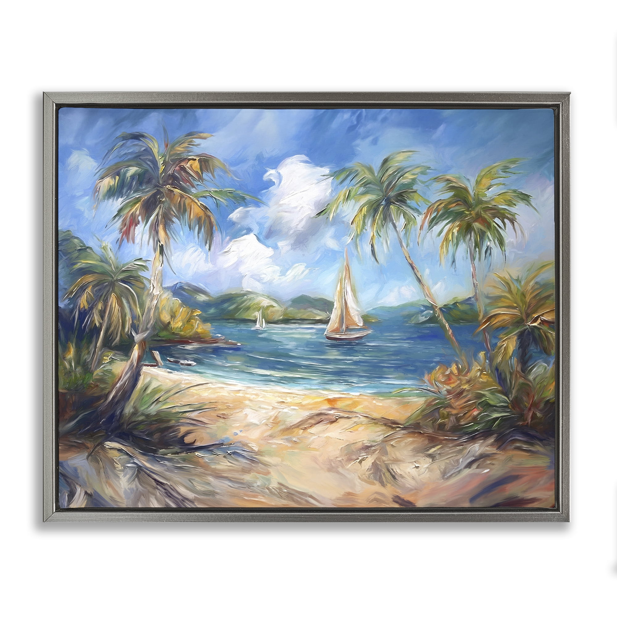 Stupell Industries Paradise Beach Harbor Coastal Painting Gray Floater Framed Canvas Art Print Wall Art, 31 x 25
