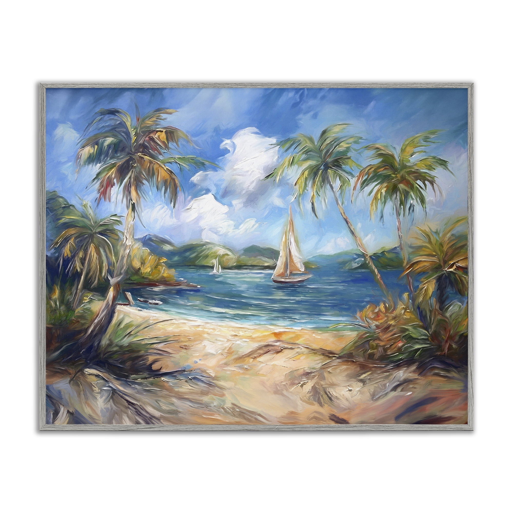 Gray Framed Coastal Paradise Beach Harbor Art Print, 14 x 11
